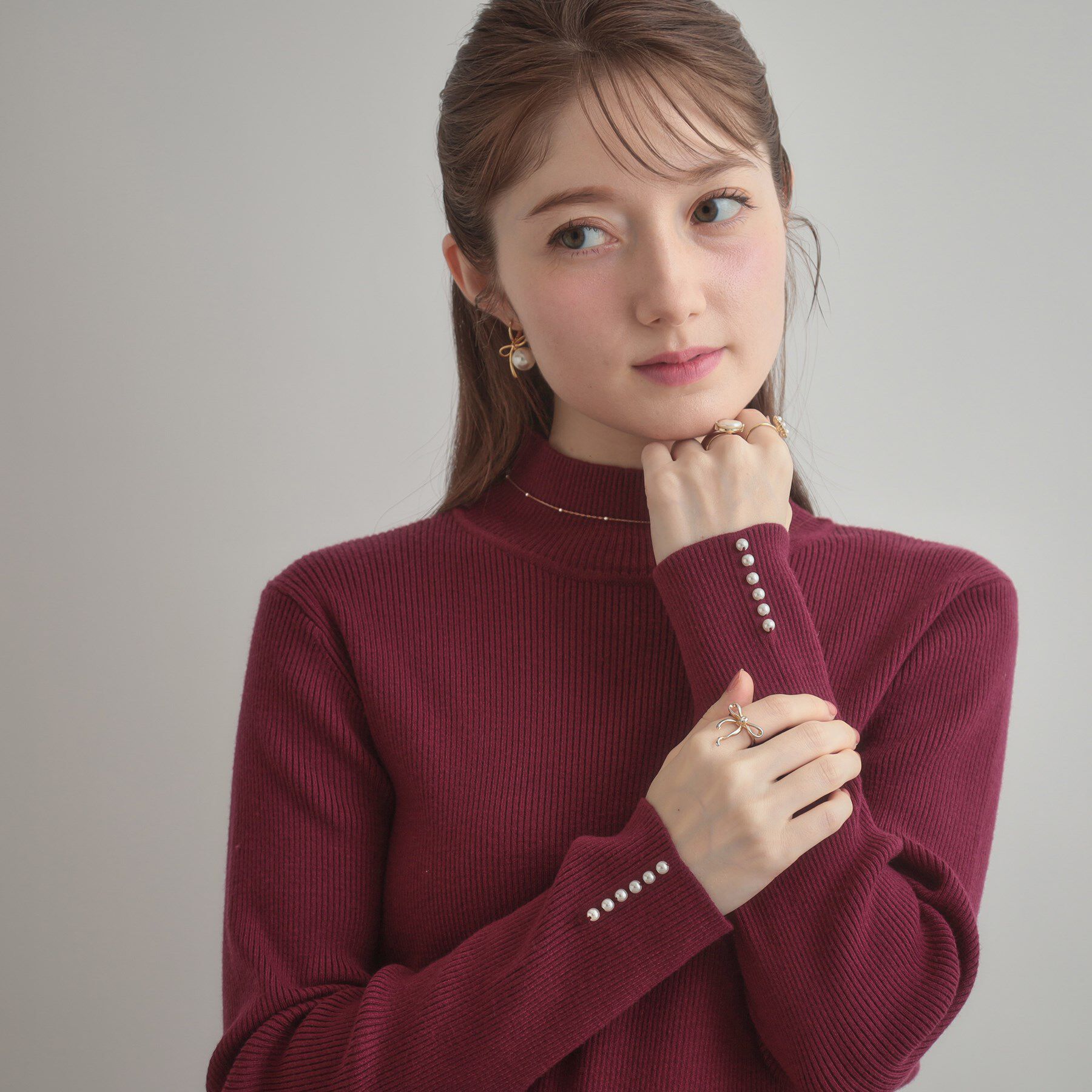 Couture broach「【多機能・フェミニン】パール調リブニット」|ニット・セーター|レッド(063)