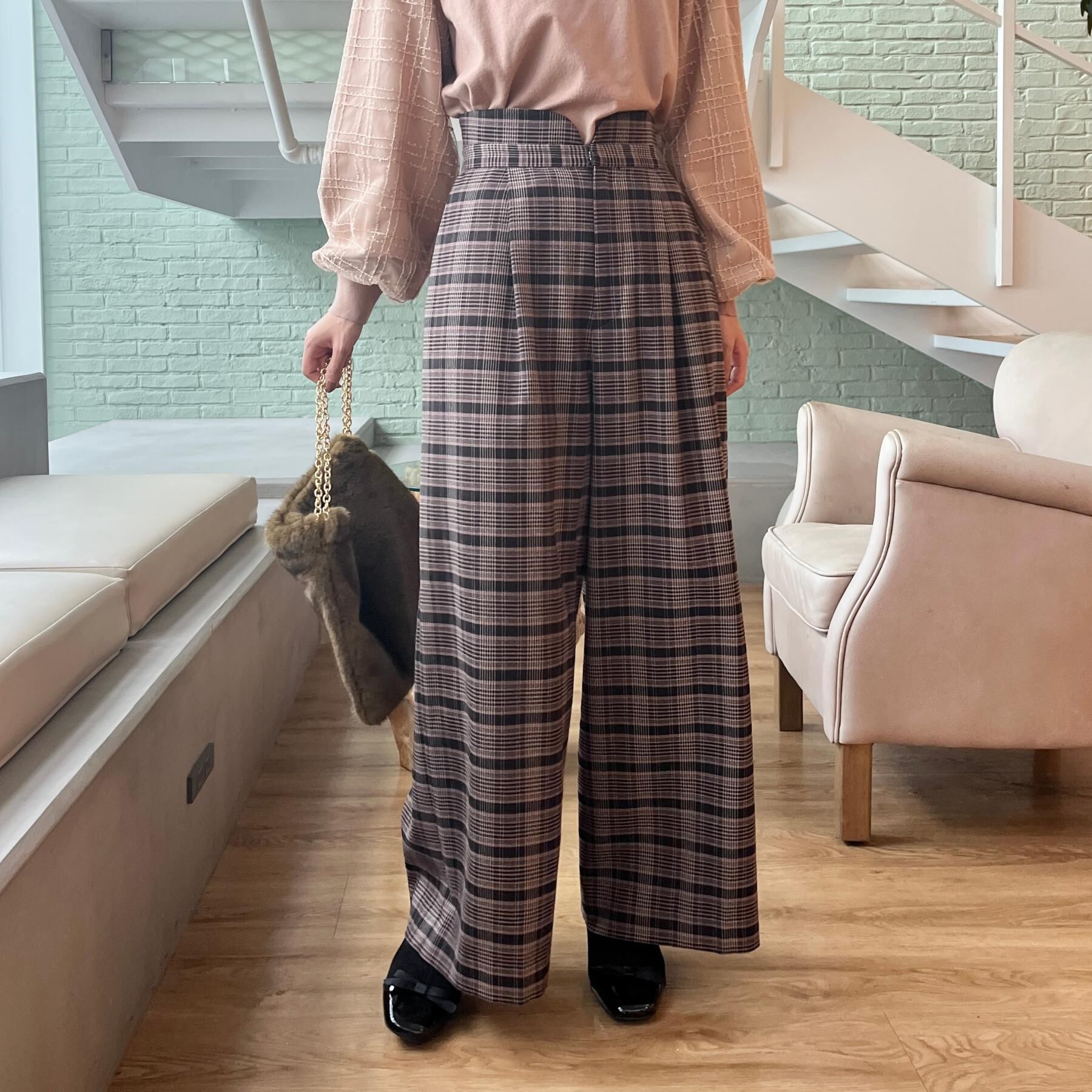 Couture broach「【大人可愛い】起毛先染めチェック柄 スカラウエスト ワイドパンツ」|その他|