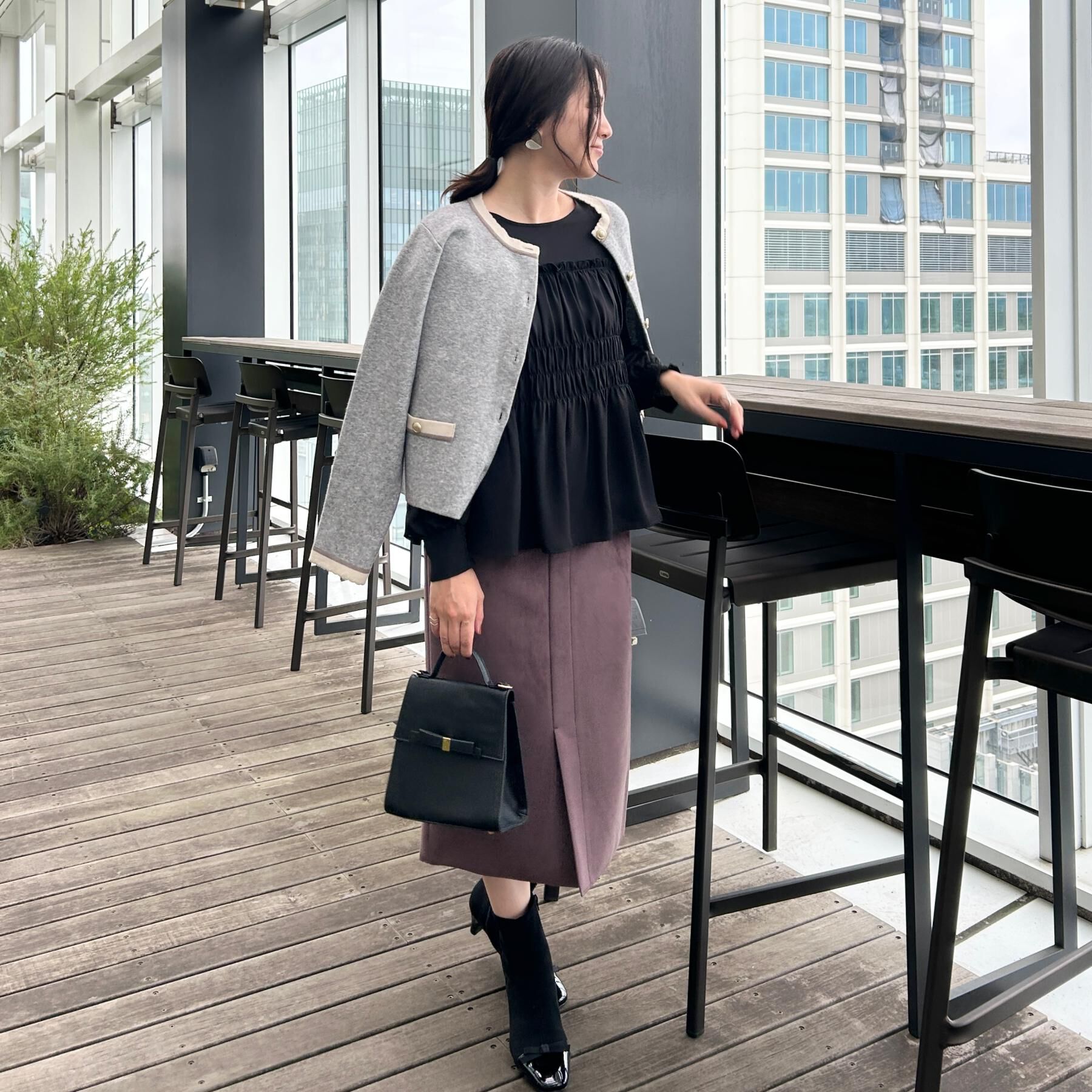 Couture broach「【通勤・大人上品】ムースタッチジャカード 配色スカラカーディ」|カーディガン|