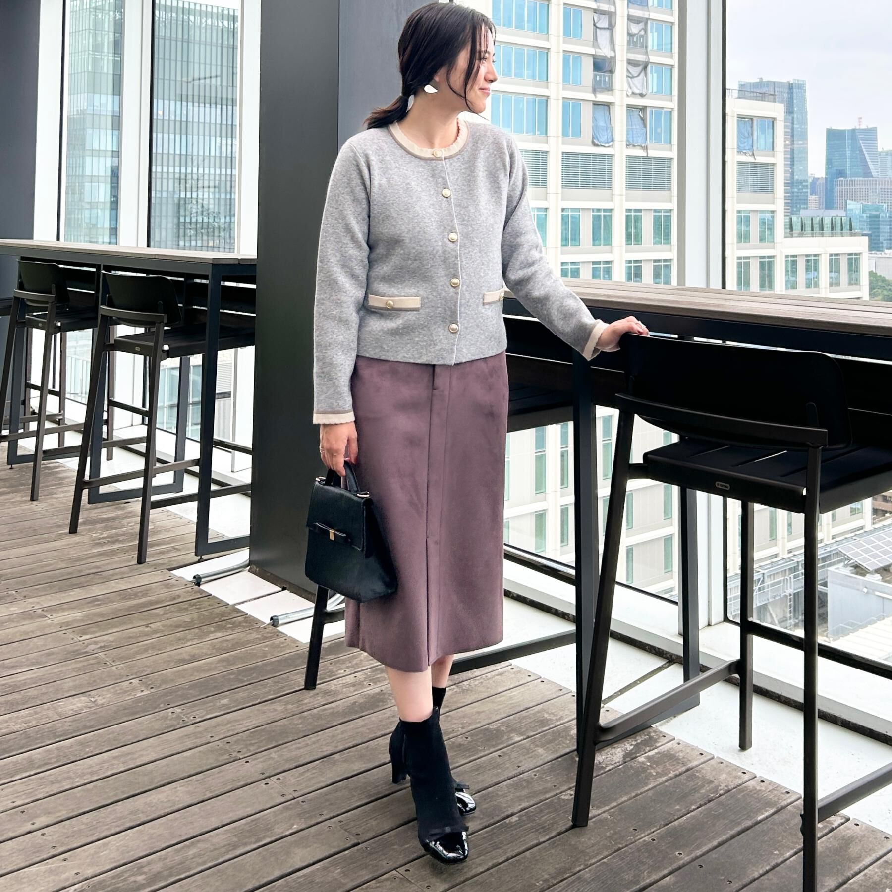 Couture broach「【通勤・大人上品】ムースタッチジャカード 配色スカラカーディ」|カーディガン|