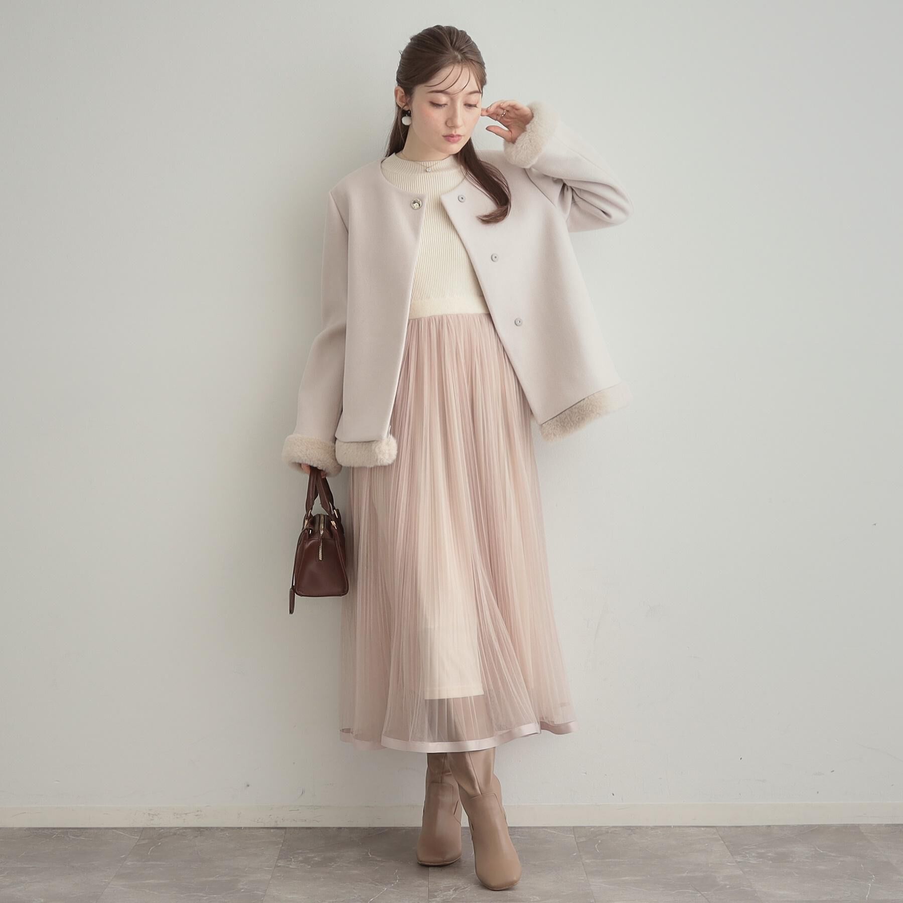 Couture broach「【大人レディ・フェイクファー取り外し可能】ケープ風ショートコート」|ノーカラーコート|