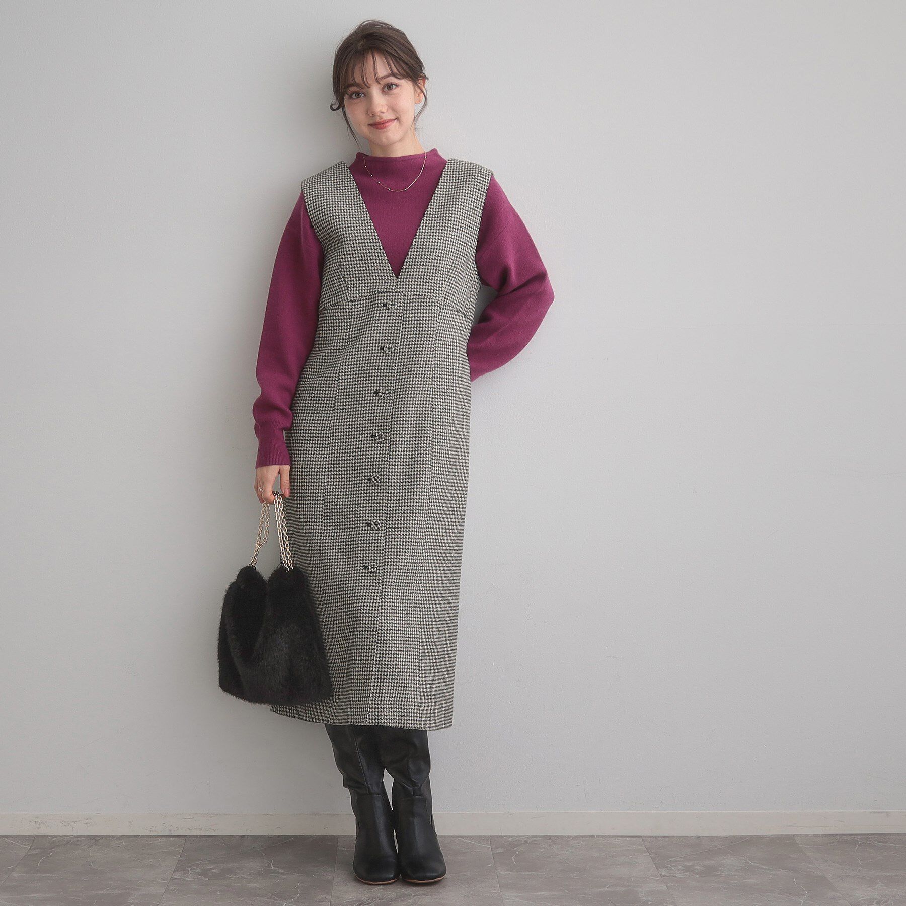 Couture broach「【クラシカル・通勤】ラメ千鳥釦デザインジャンスカ」|ワンピース|