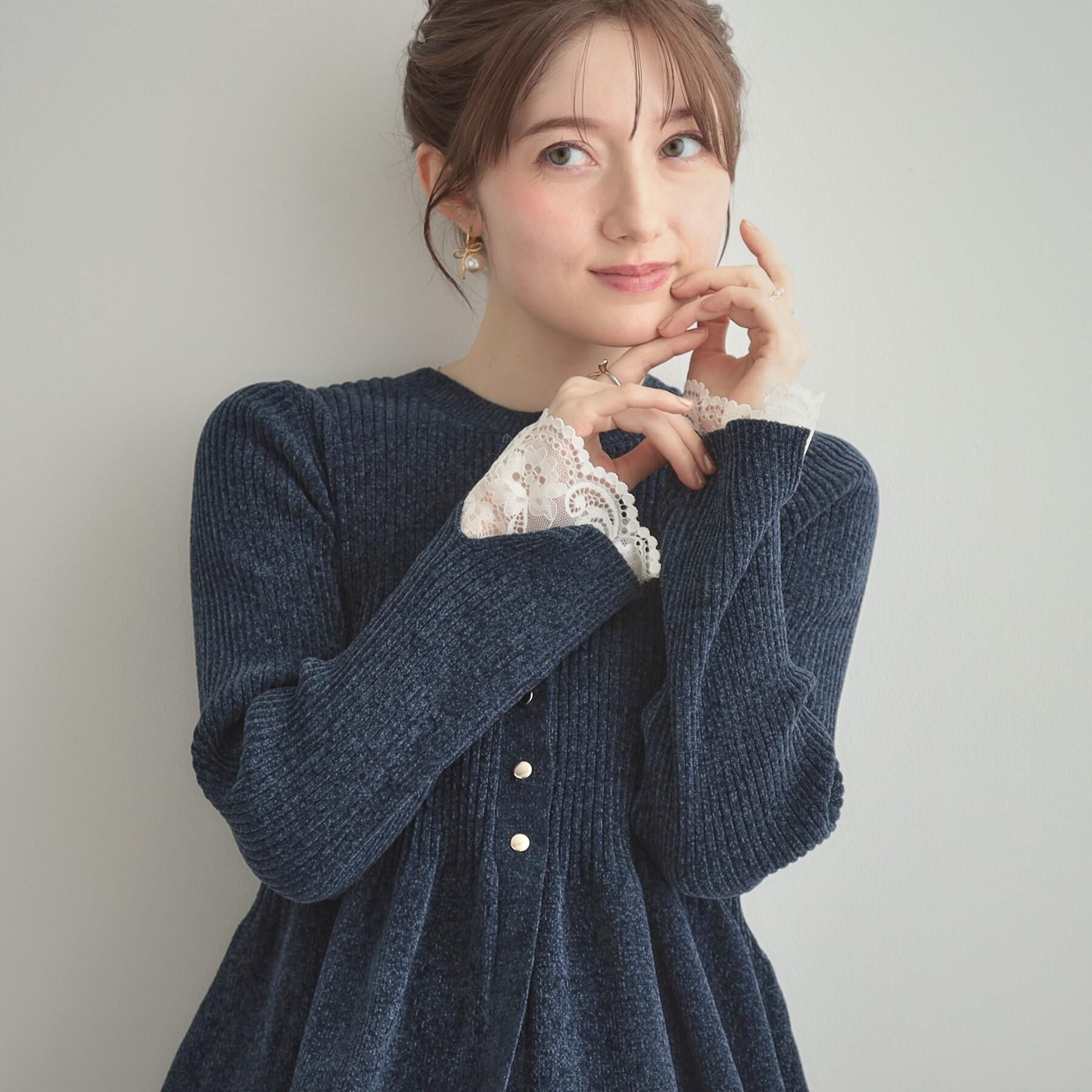 Couture broach「【袖口レース・着映え】短毛モールペプラム カーデ」|カーディガン|ネイビー(094)