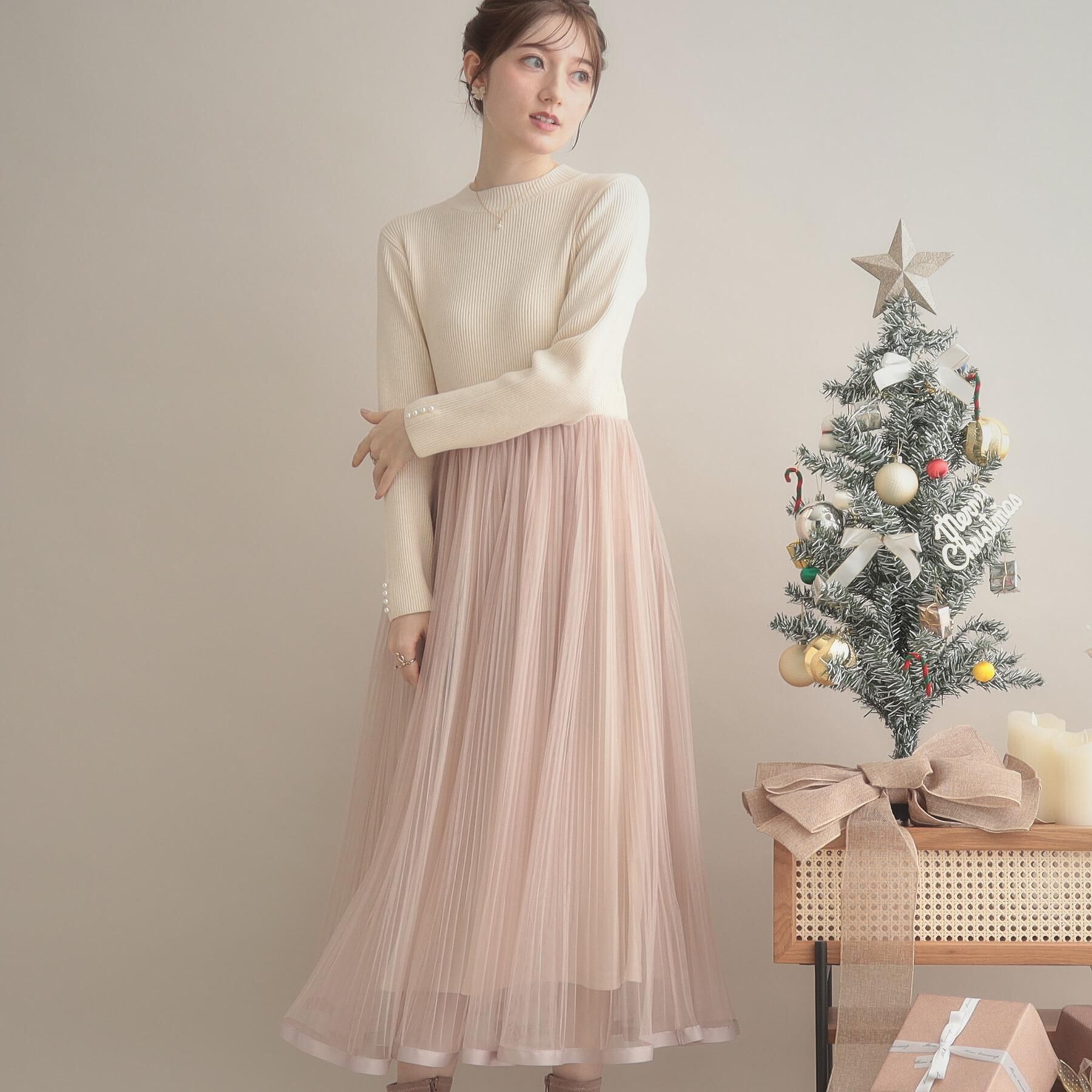 Couture broach「【S-LL/キラキラリブニット】チュールドッキング ワンピース」|ワンピース|アイボリー(004)