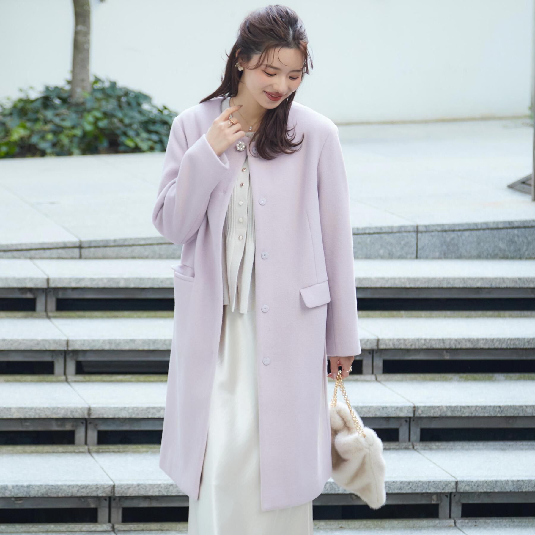 Couture broach「【通勤/ビジューブローチ付き】ノーカラー ロングコート」|ノーカラーコート|