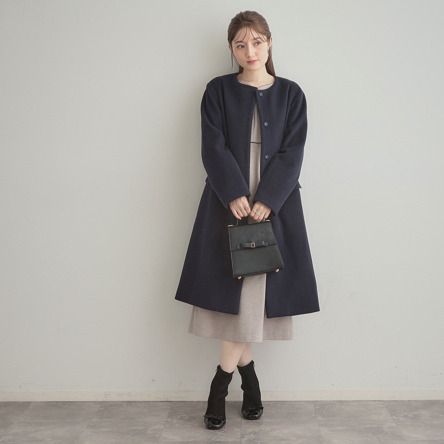 Couture broach「【通勤/ビジューブローチ付き】ノーカラー ロングコート」|ノーカラーコート|