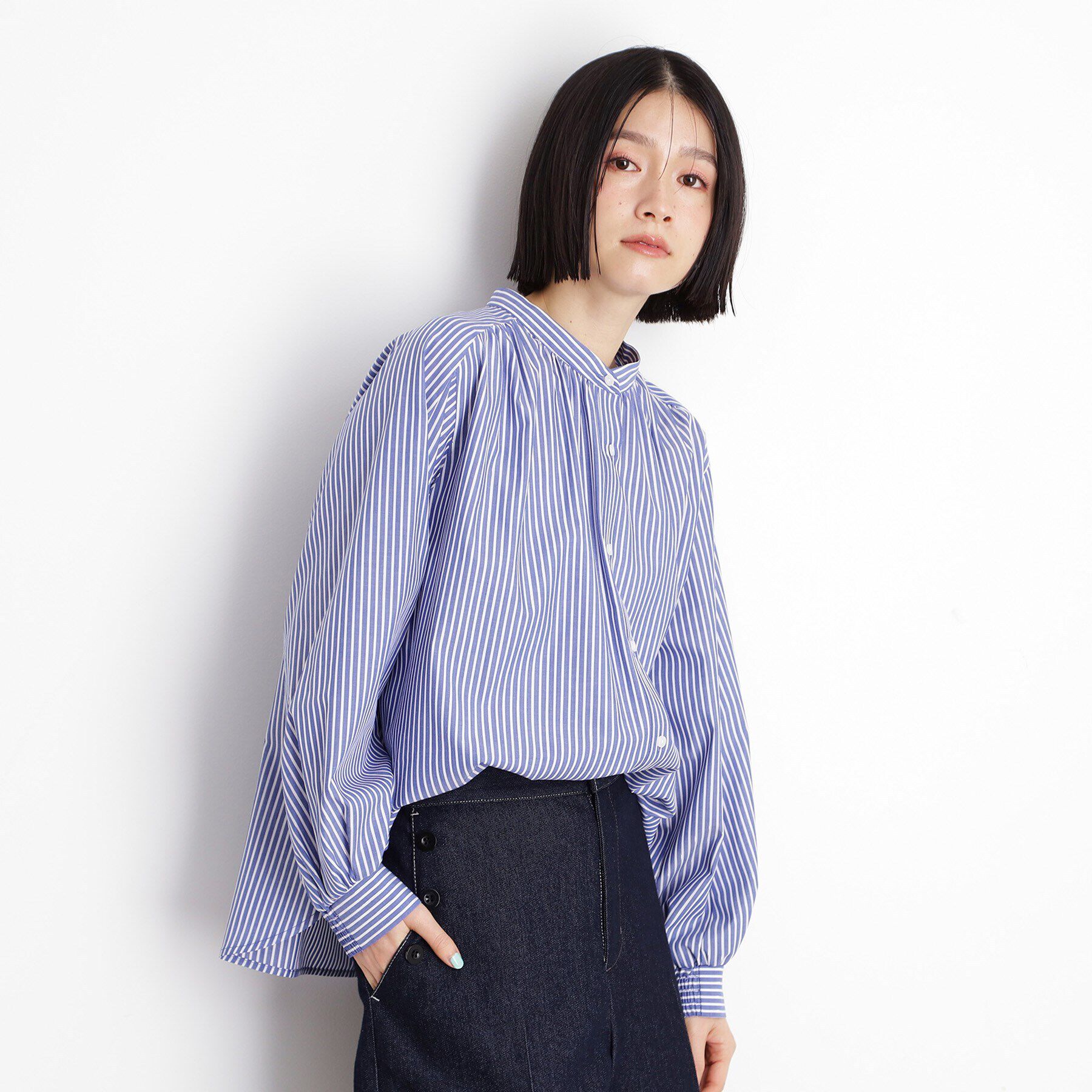 THE SHOP TK「ラメストライプラグランシャツ【洗える】」|シャツ・ブラウス|ブルー(393)