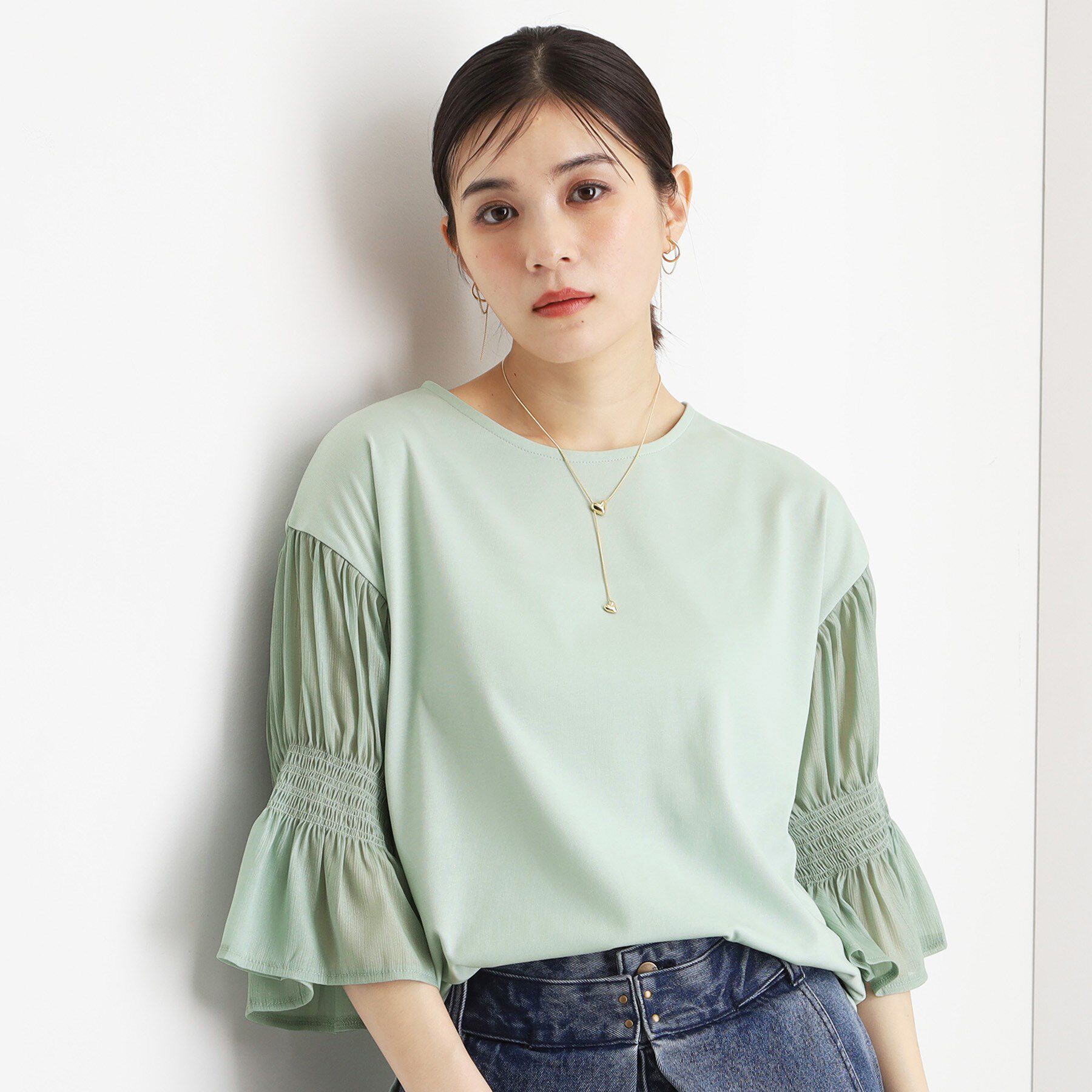 THE SHOP TK「袖シャーリングシアープルオーバー【洗濯機OK】」|Tシャツ・カットソー|ミントグリーン(02