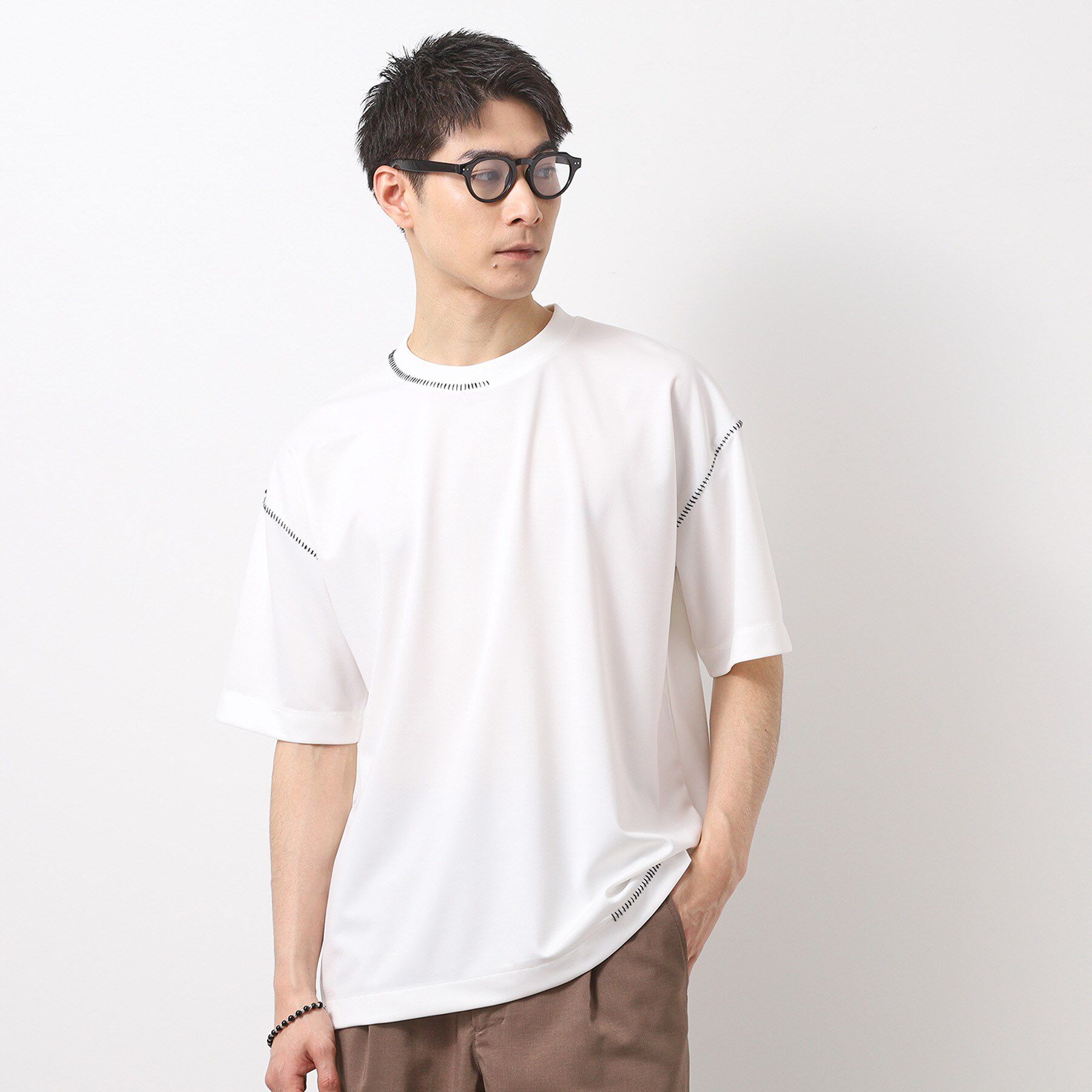 THE SHOP TK「ブランケットステッチ半袖Tシャツ」|Tシャツ・カットソー|ホワイト(001)