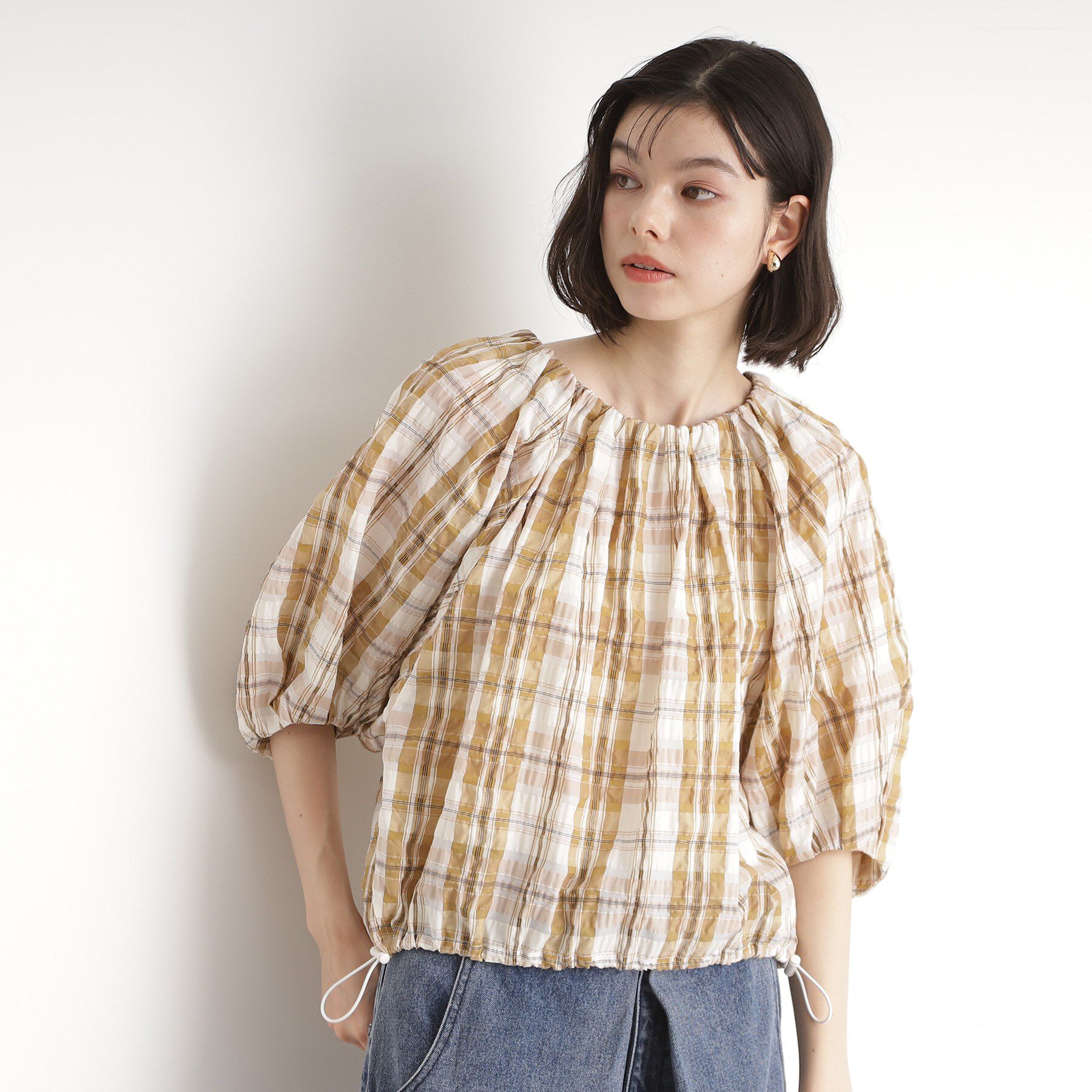 THE SHOP TK「チェックギャザーブラウス【洗える】」|シャツ・ブラウス|ベージュ(252)