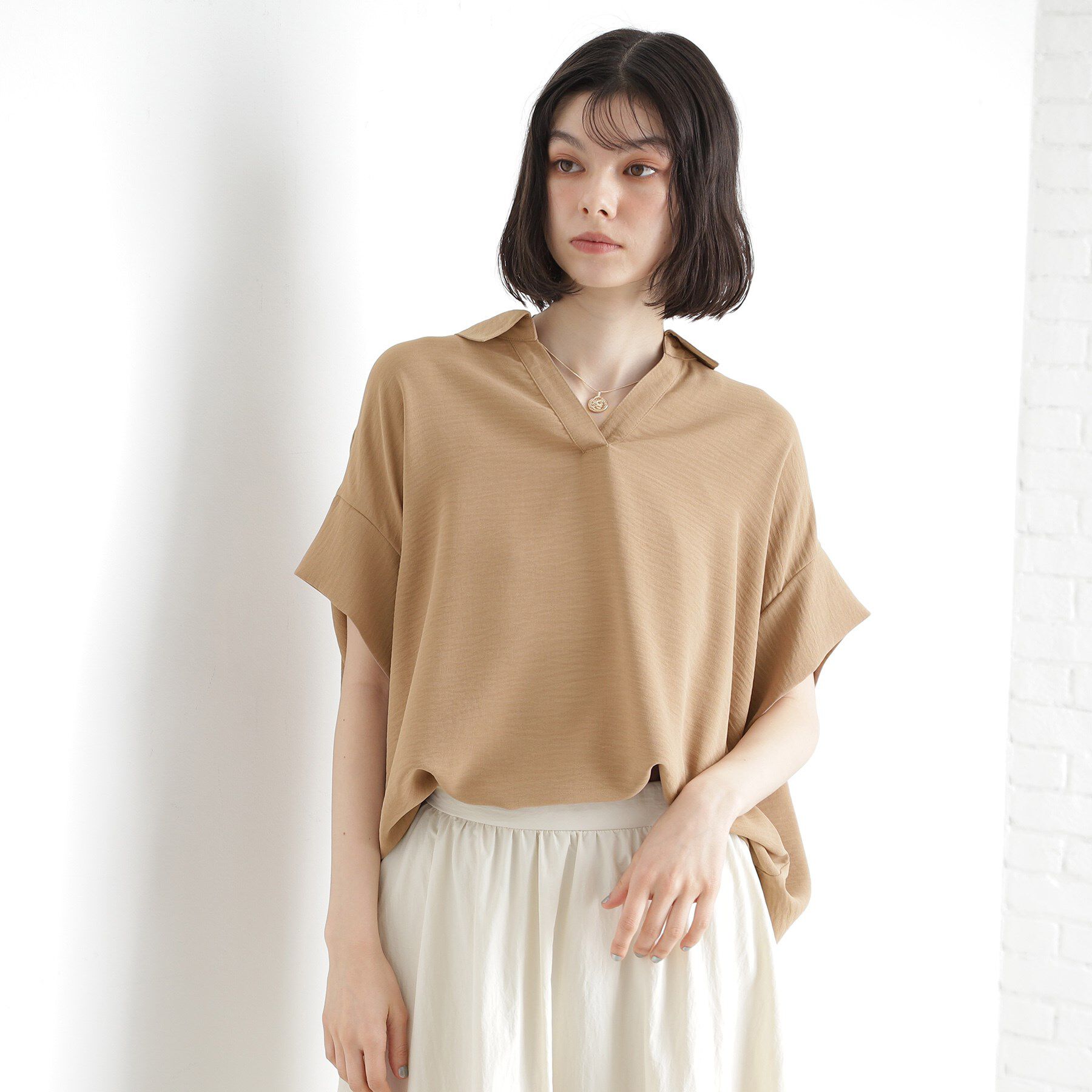 THE SHOP TK「スキッパーシャツ【防シワ/接触冷感/洗濯機OK/セットアップ可】」|シャツ・ブラウス|ベージュ(052)