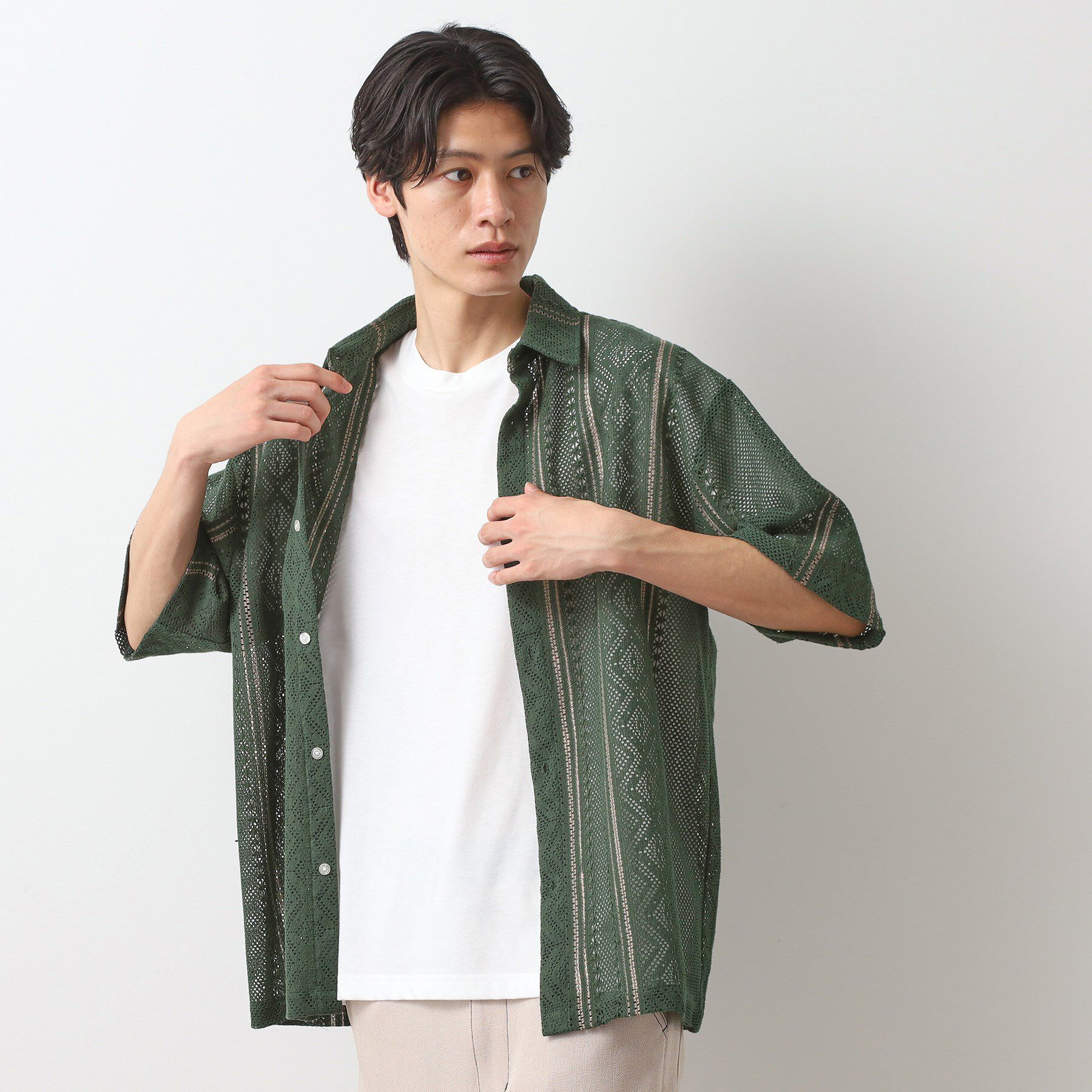 THE SHOP TK「クラフトレースアンサンブルシャツ【半袖Tシャツセットアイテム/オーバーサイズ/洗濯機OK】」|シャツ・ブラウス|グリーン(122)
