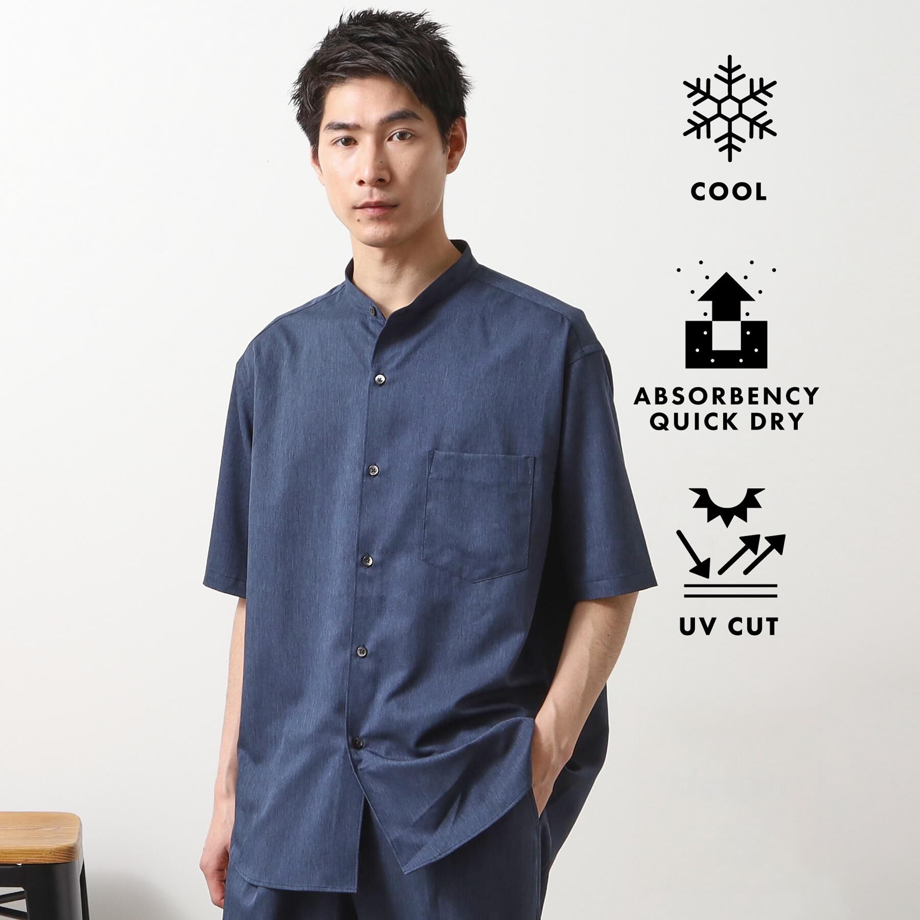 THE SHOP TK「クールファイバーバンドカラー半袖シャツ　接触冷感／吸水速乾／UVケア／軽量／セットアップ可」|シャツ・ブラウス|ネイビー(094)