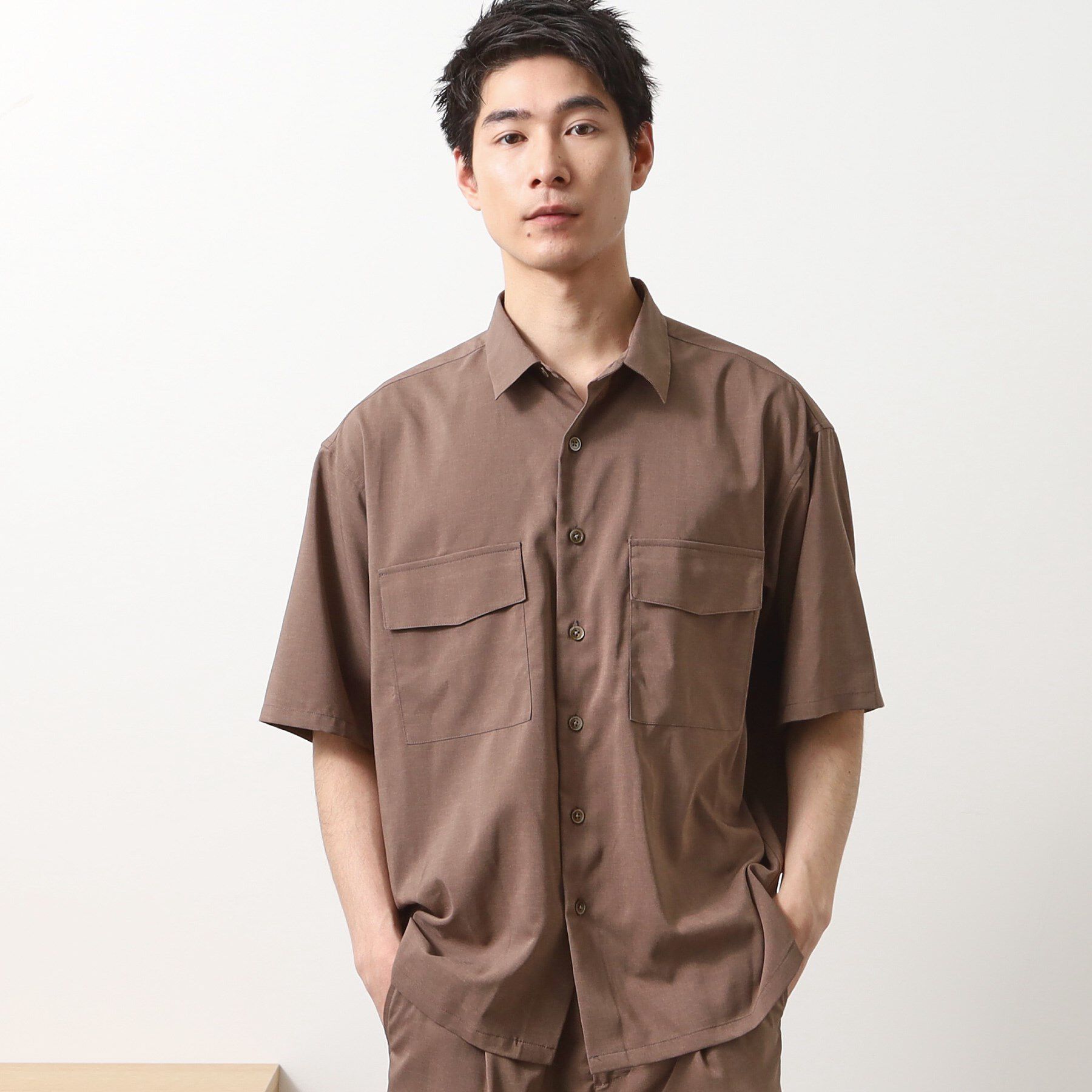 THE SHOP TK「クールファイバーダブルフラップ半袖シャツ　接触冷感／吸水速乾／UVケア／軽量／セットアップ可」|シャツ・ブラウス|