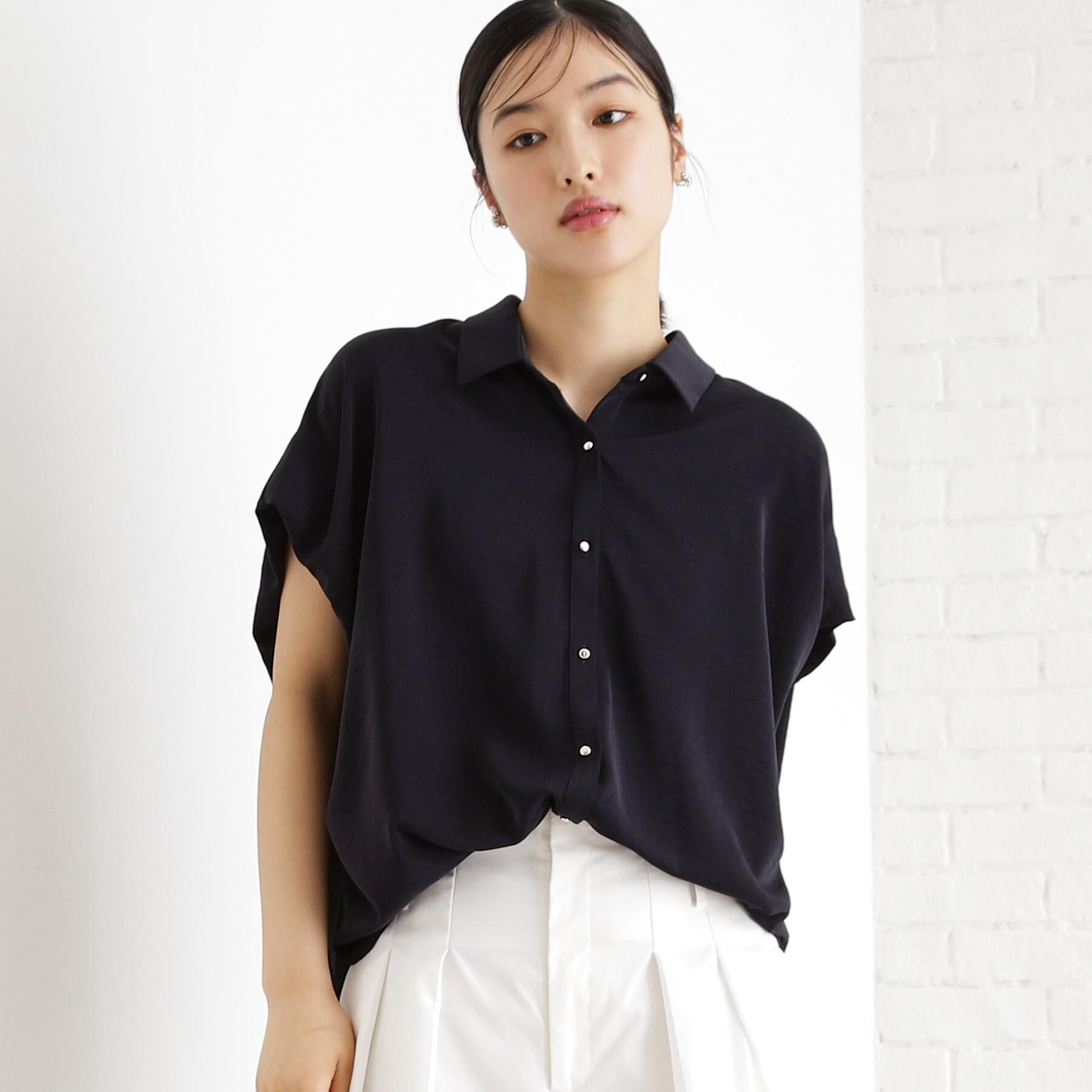 THE SHOP TK「コットンライクブラウス【接触冷感/洗濯機OK/UV/セットアップ可】」|シャツ・ブラウス|ネイビー(094)