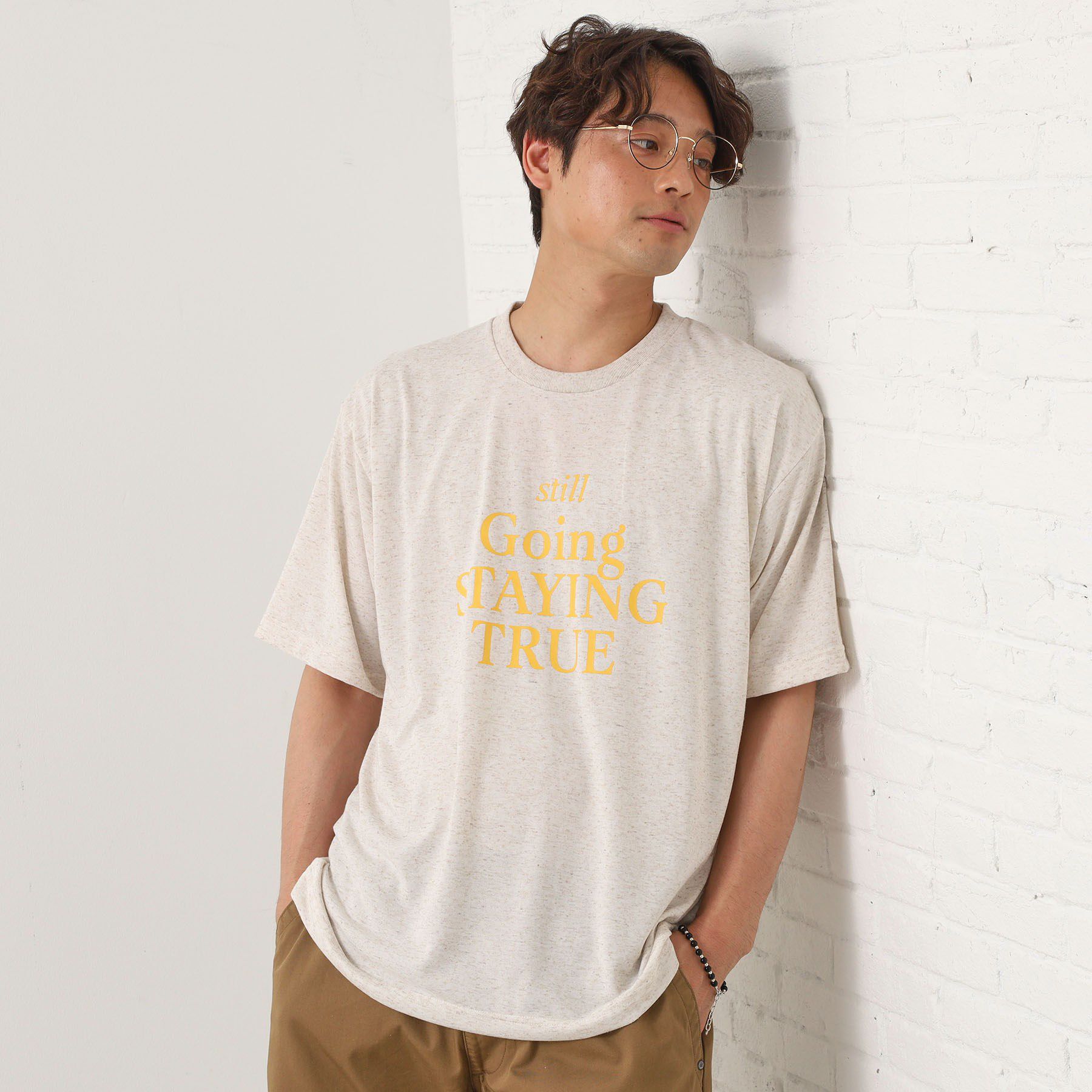 THE SHOP TK「ポリ麻プリント半袖Tシャツ【洗濯機OK】」|Tシャツ・カットソー|