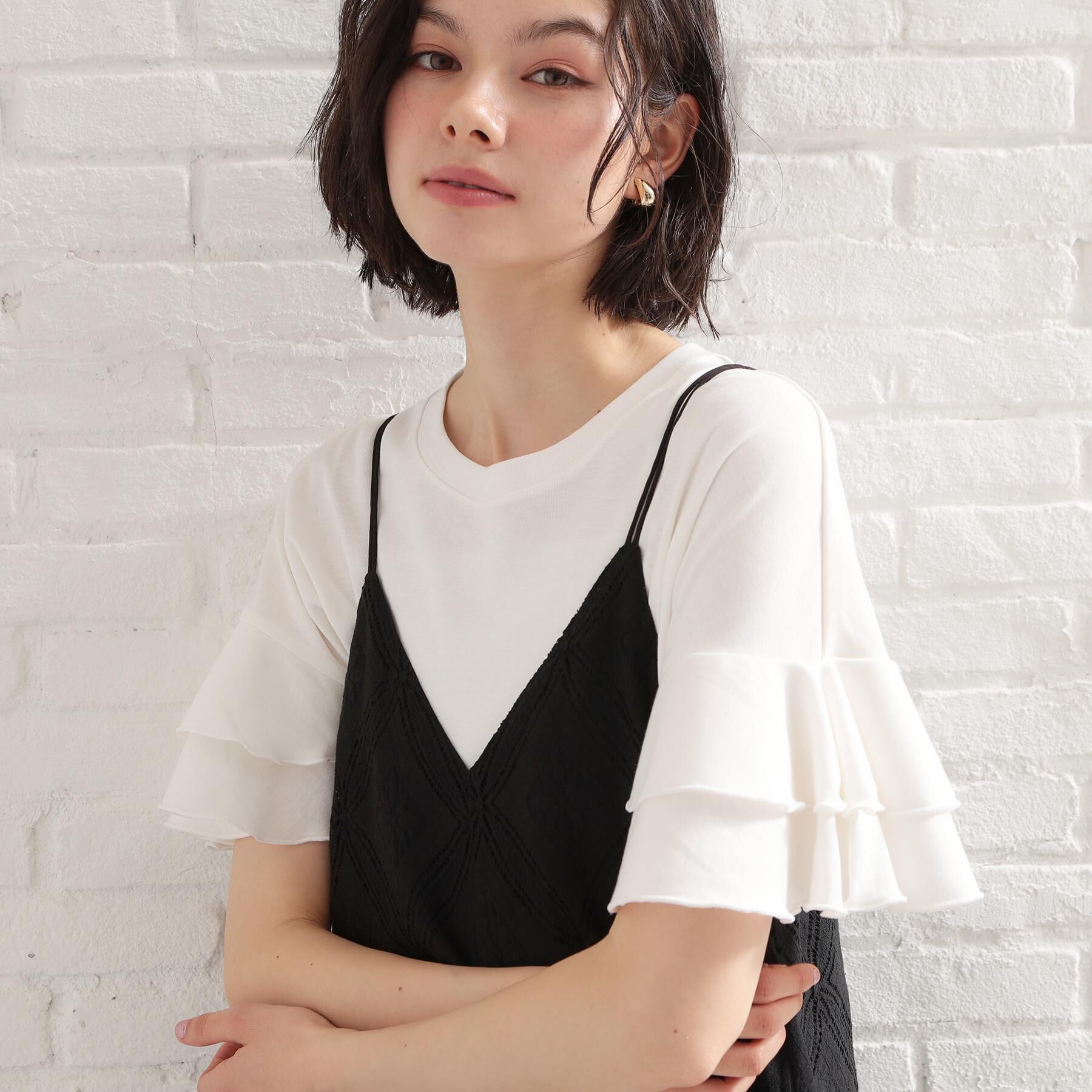 THE SHOP TK「【汗染み防止】袖フリルTシャツ【UVカット/洗濯機OK】」|Tシャツ・カットソー|