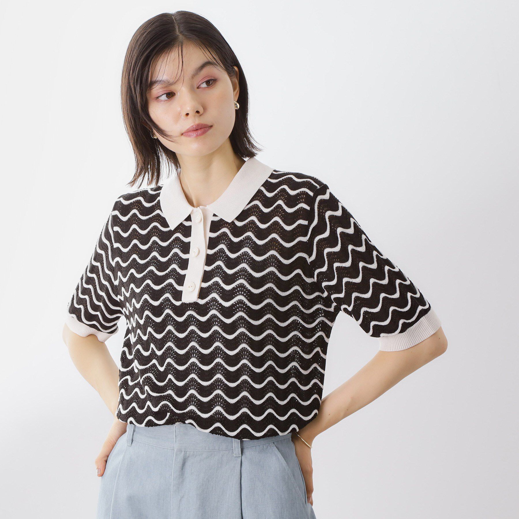 THE SHOP TK「【再入荷】柄アソートポロニットシャツ【洗濯機OK】」|ニット・セーター|ブラック(319)