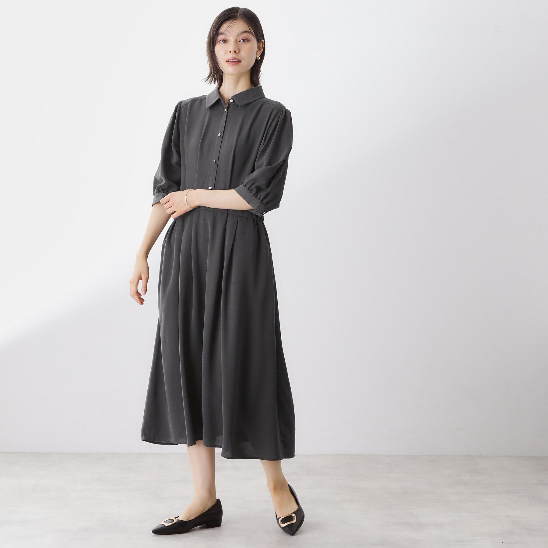 THE SHOP TK「5分袖シャツワンピース【防シワ/吸水速乾/UVケア/洗濯機OK】」|ワンピース|