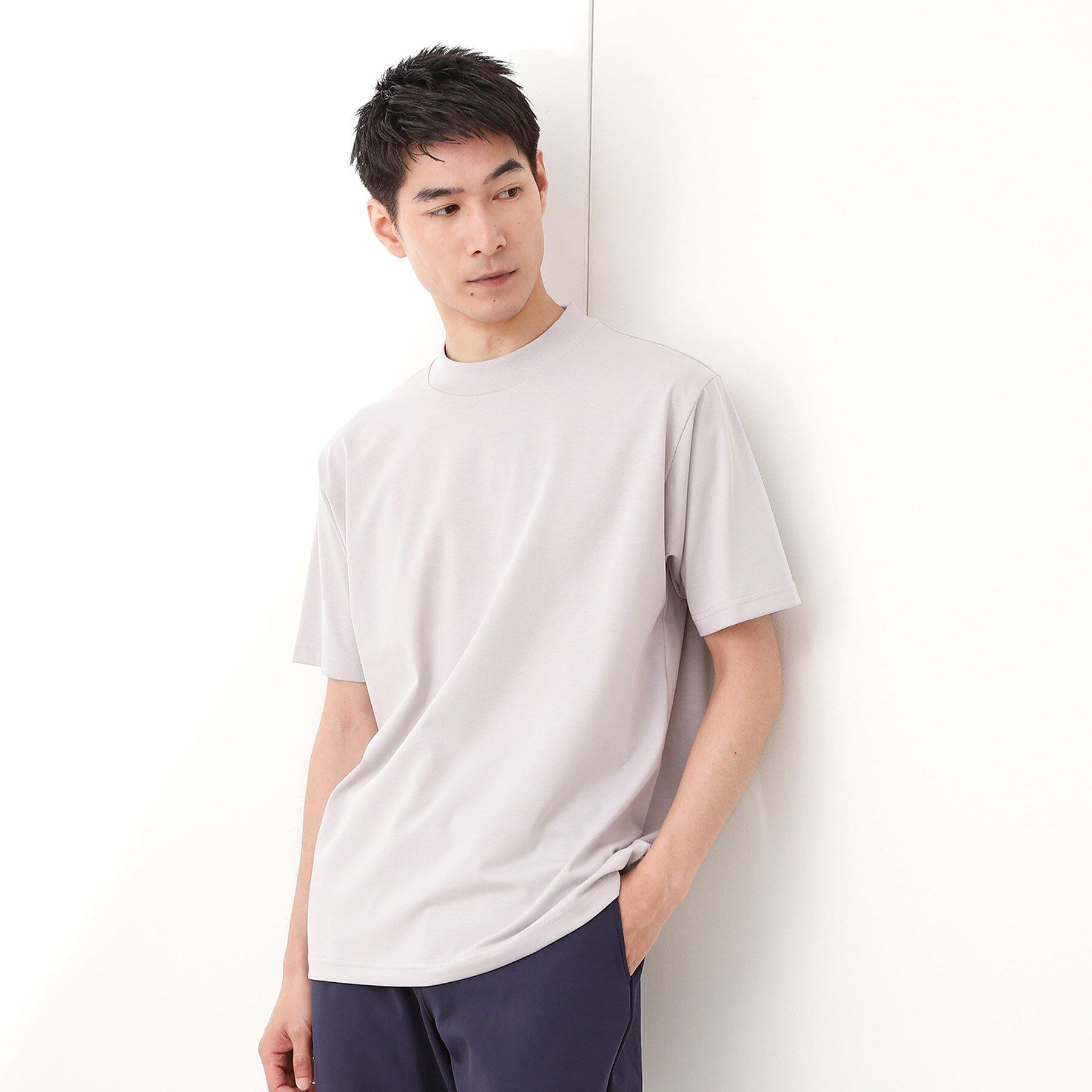 THE SHOP TK「モックネックプレーティング半袖Tシャツ 【接触冷感/洗濯機OK】」|Tシャツ・カットソー|ライトグレー(011