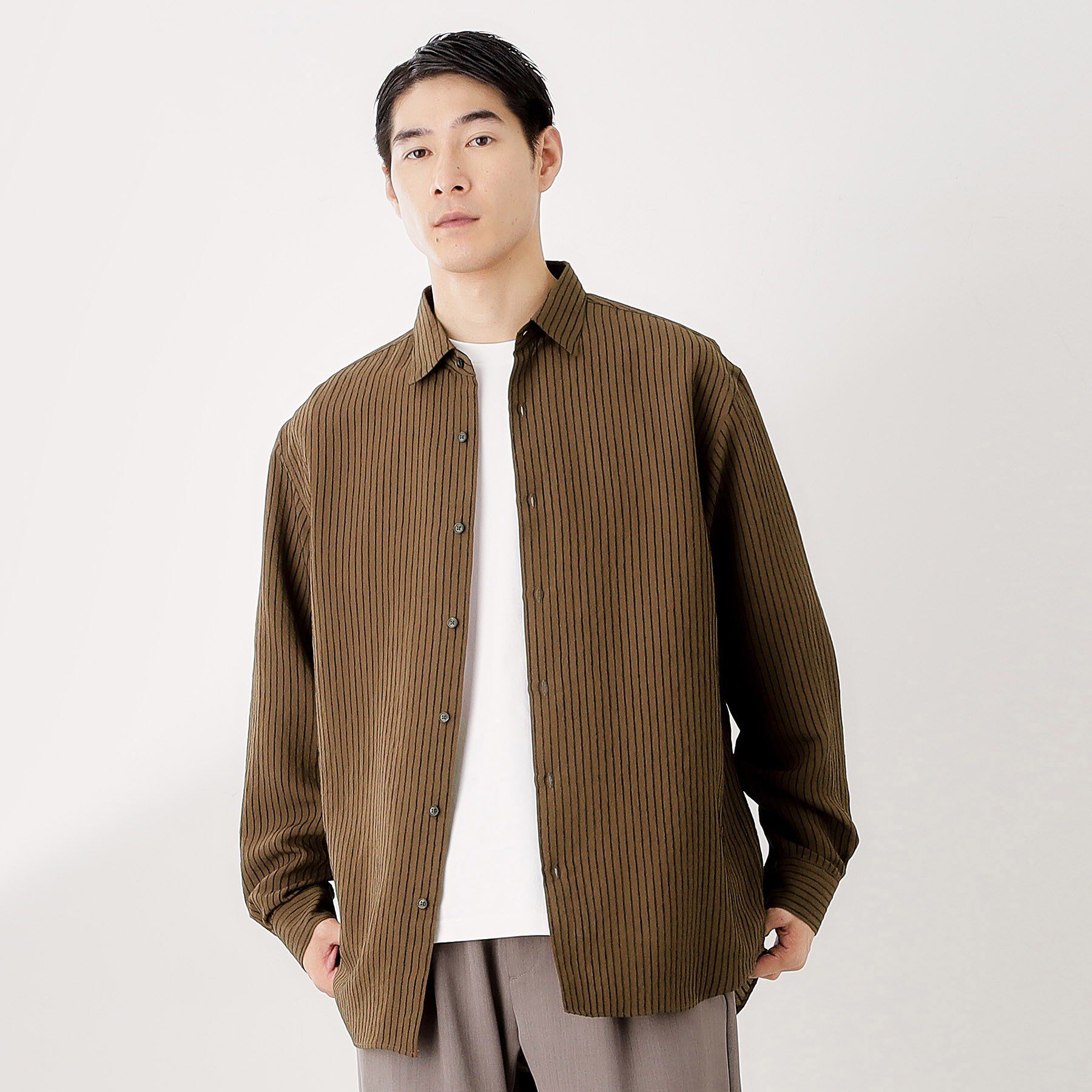 THE SHOP TK「チェック＆ストライプ アソート長袖シャツ【洗濯機OK】」|シャツ・ブラウス|ブラウン(344)