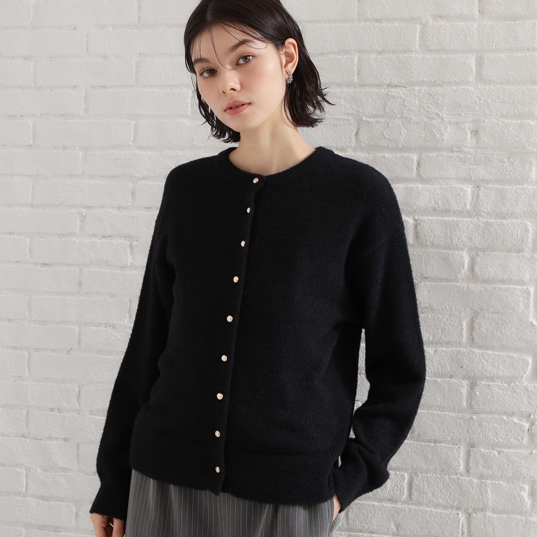 THE SHOP TK「ふわふわミニシャギー クルーネックカーディガン」|カーディガン|ブラック(019)