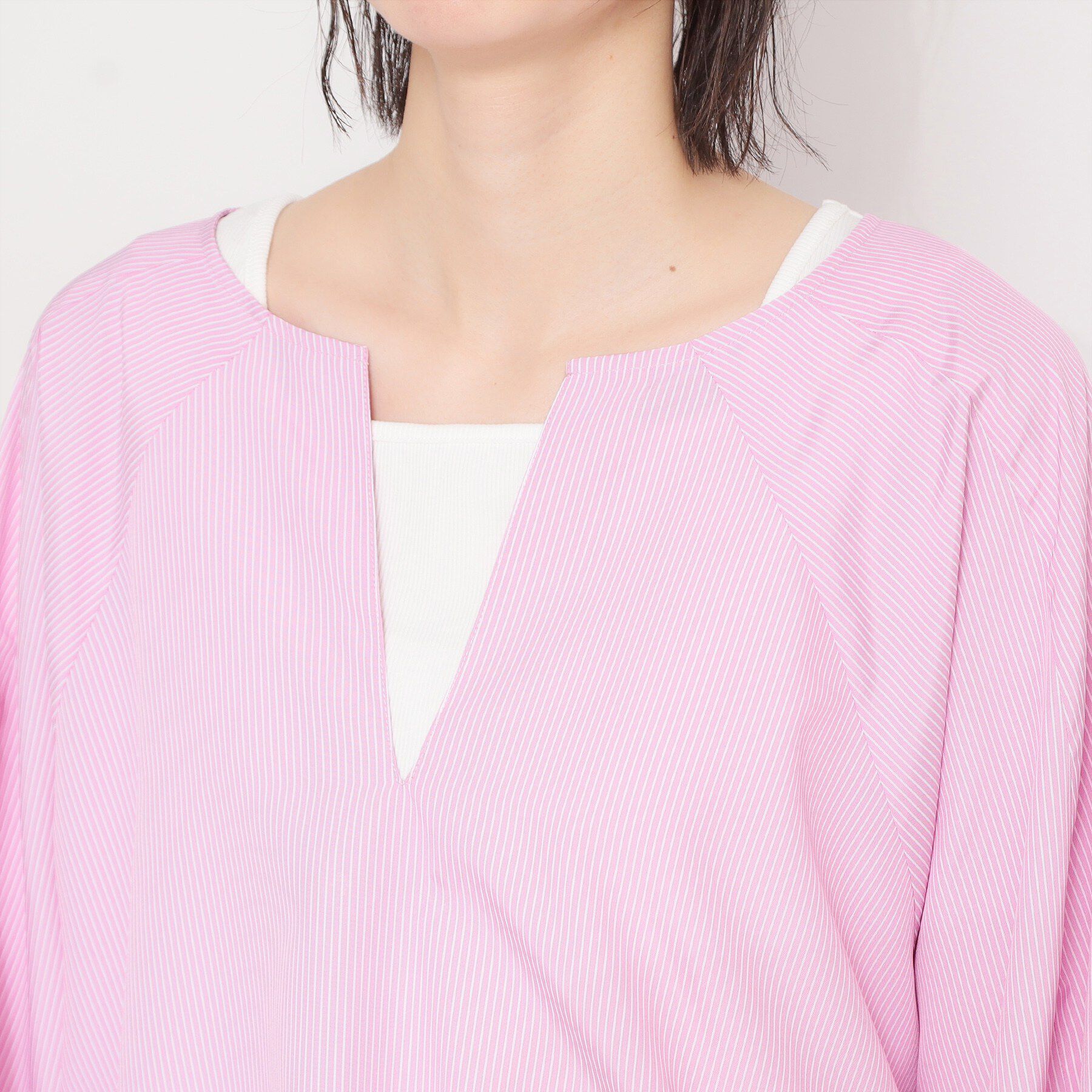 THE SHOP TK「キーネックストライプドロストシャツブラウス」|シャツ・ブラウス|