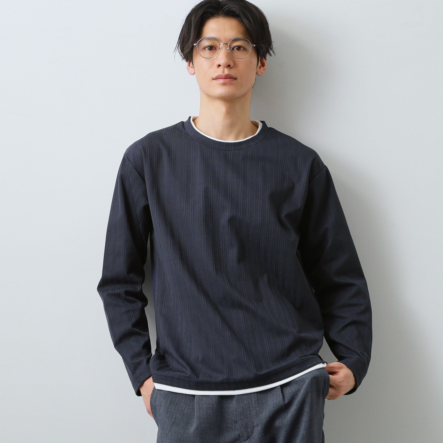 THE SHOP TK「【程よく品のある着こなし】ジャカード フェイクレイヤード長袖Tシャツ 洗濯機OK」|Tシャツ・カットソー|ネイビー(094)