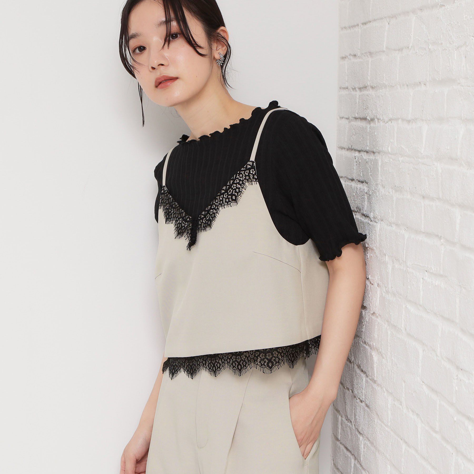 THE SHOP TK「さりげないフリルがアクセント チェック柄5分袖カットソー」|Tシャツ・カットソー|