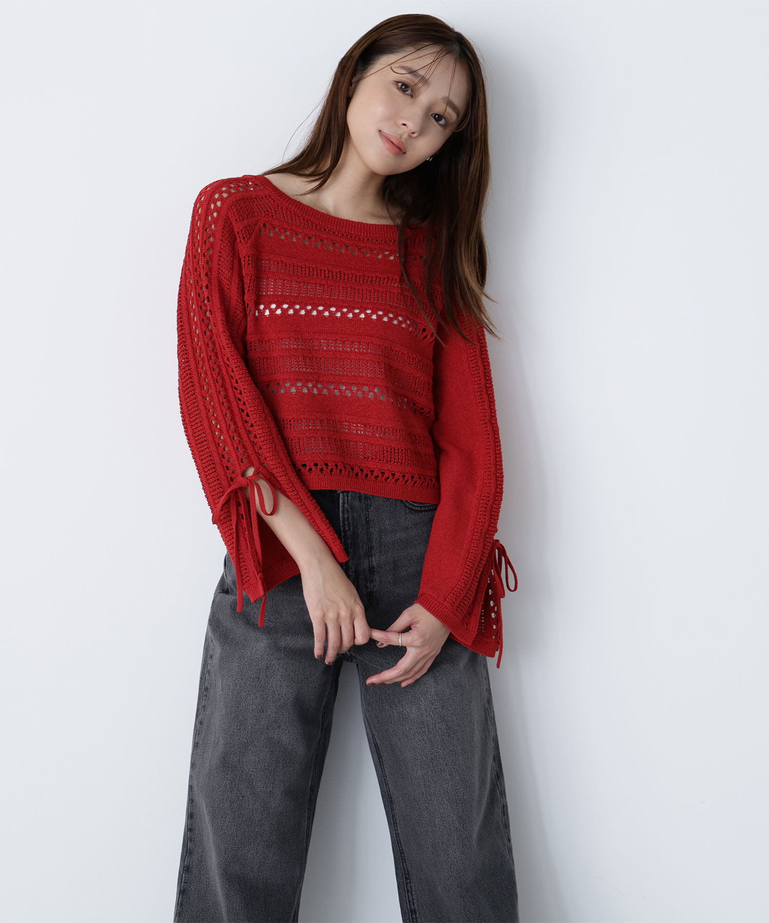  「透かし編みリボンスリーブニット」|ニット・セーター|レッド
