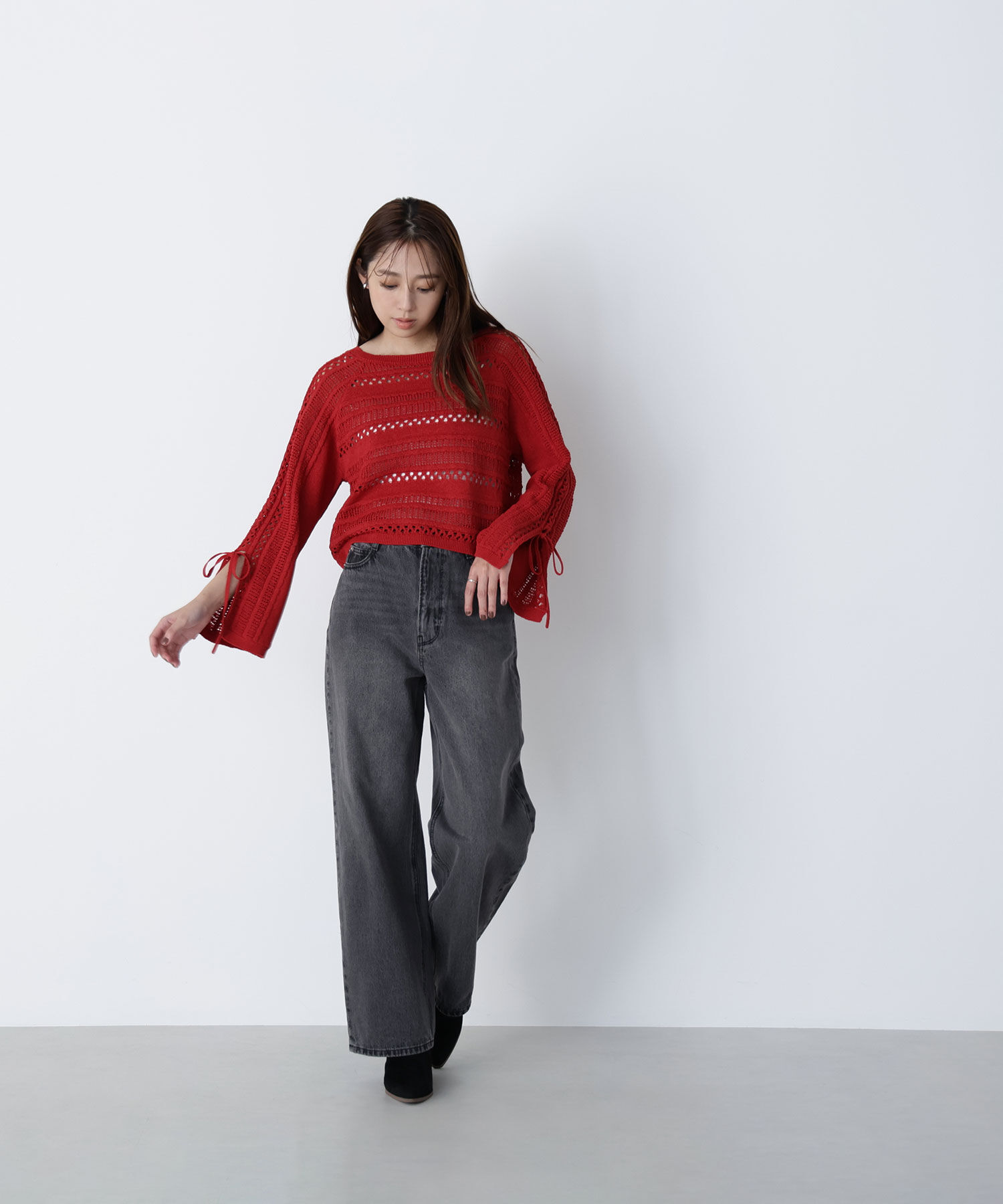  「透かし編みリボンスリーブニット」|ニット・セーター|