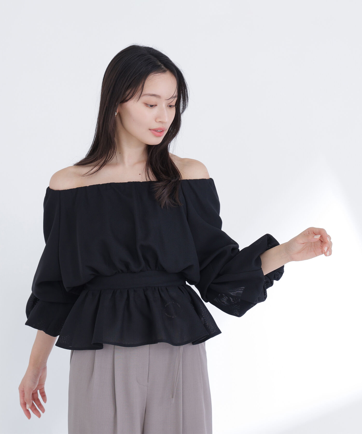  「メッシュギャザーペプラムブラウス」|シャツ・ブラウス|