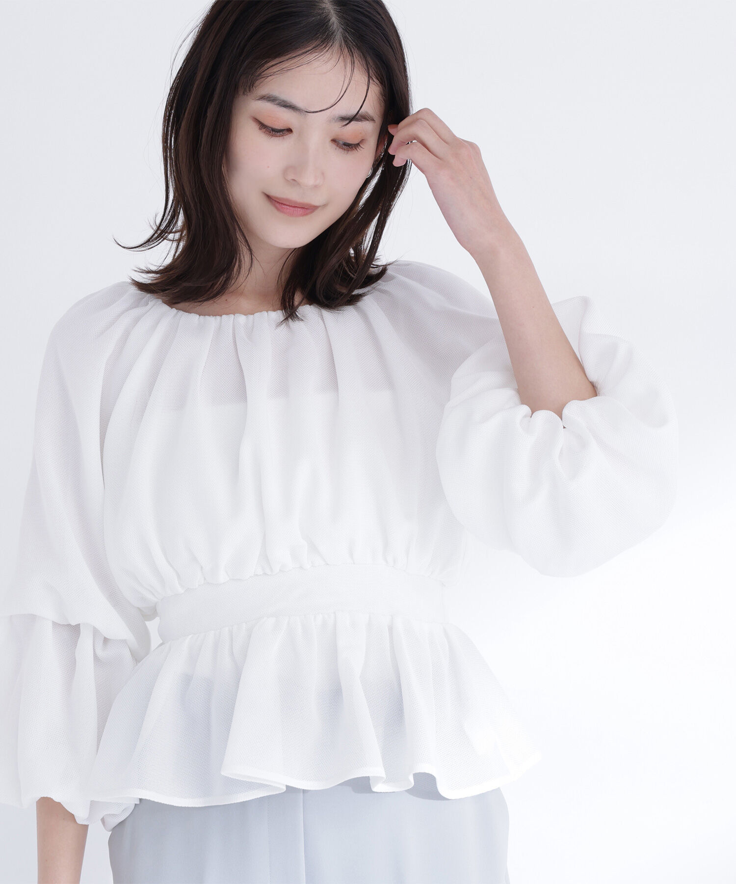  「メッシュギャザーペプラムブラウス」|シャツ・ブラウス|