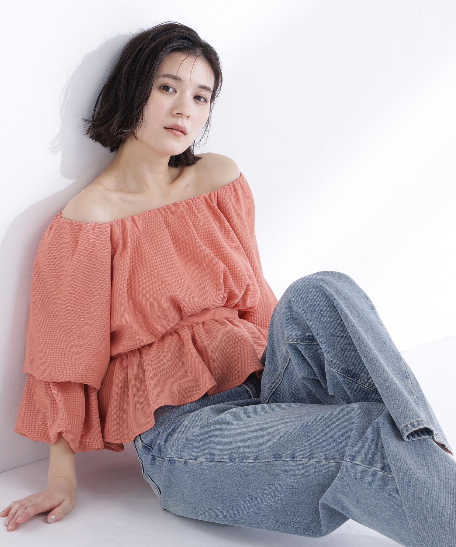  「メッシュギャザーペプラムブラウス」|シャツ・ブラウス|オレンジ1