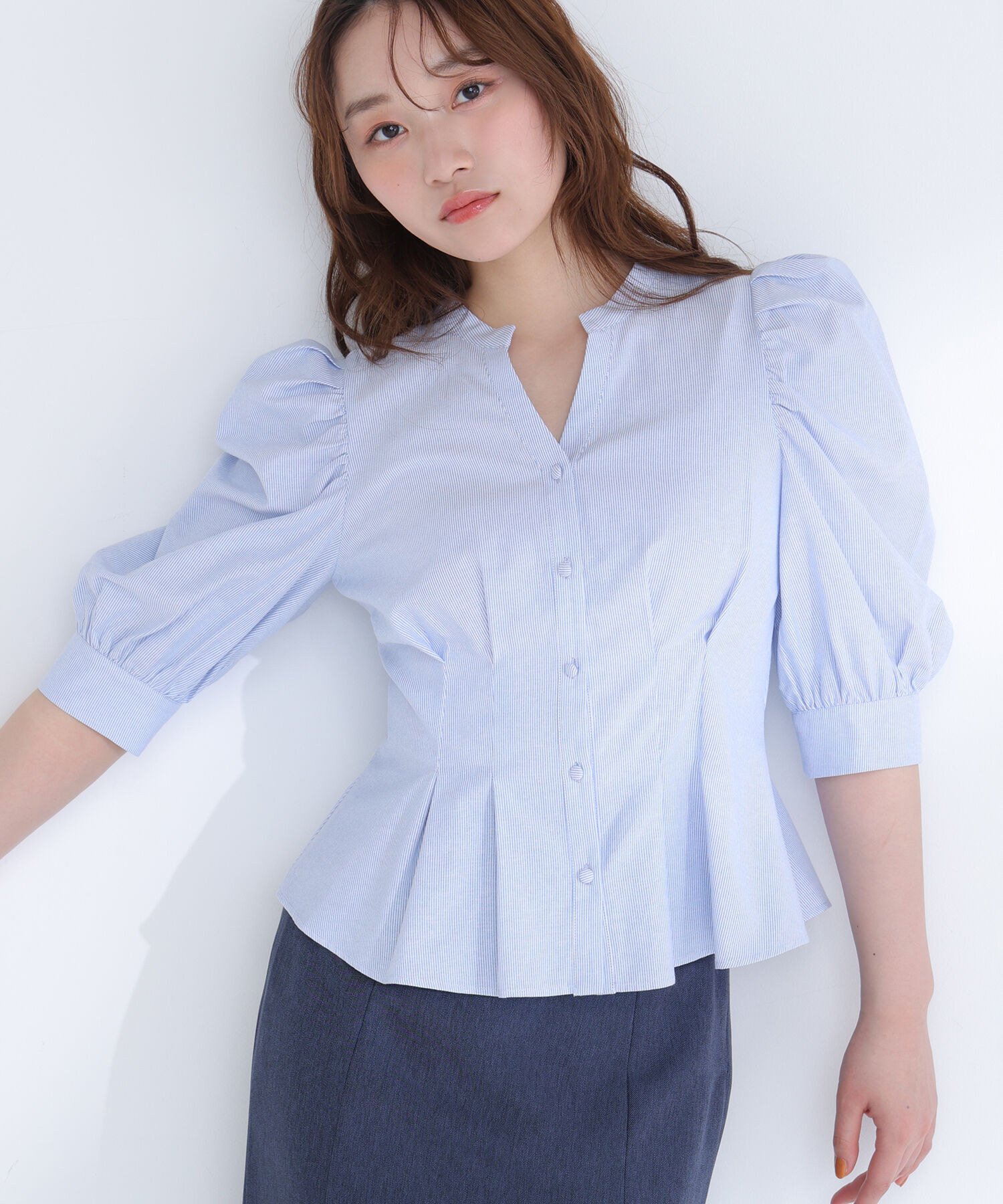  「ストライプペプラムブラウス」|シャツ・ブラウス|ブルー系2