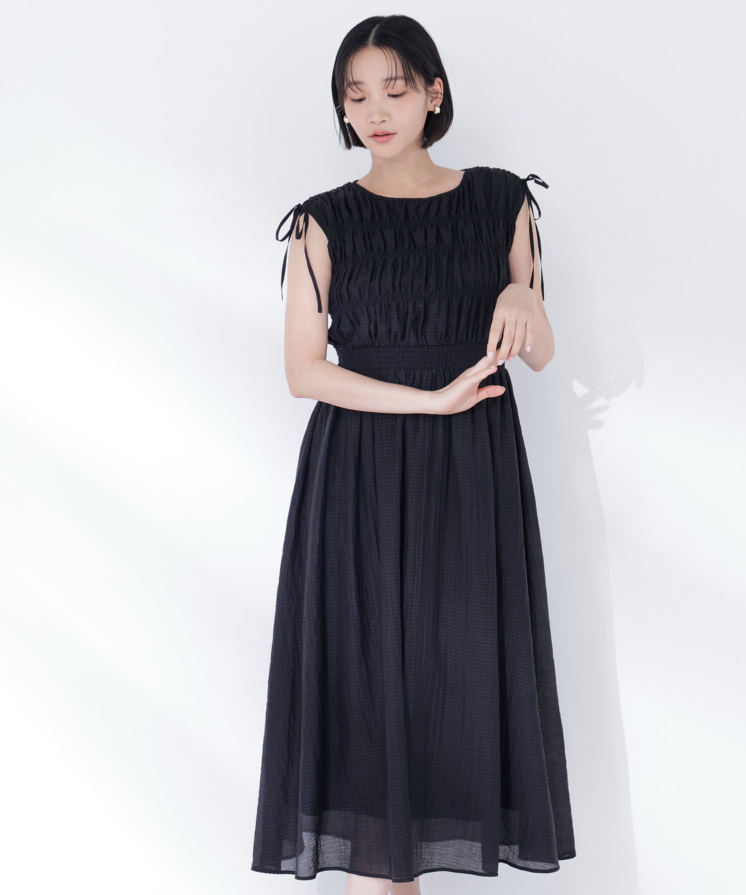  「シアーチェックギャザーワンピース」|ワンピース|