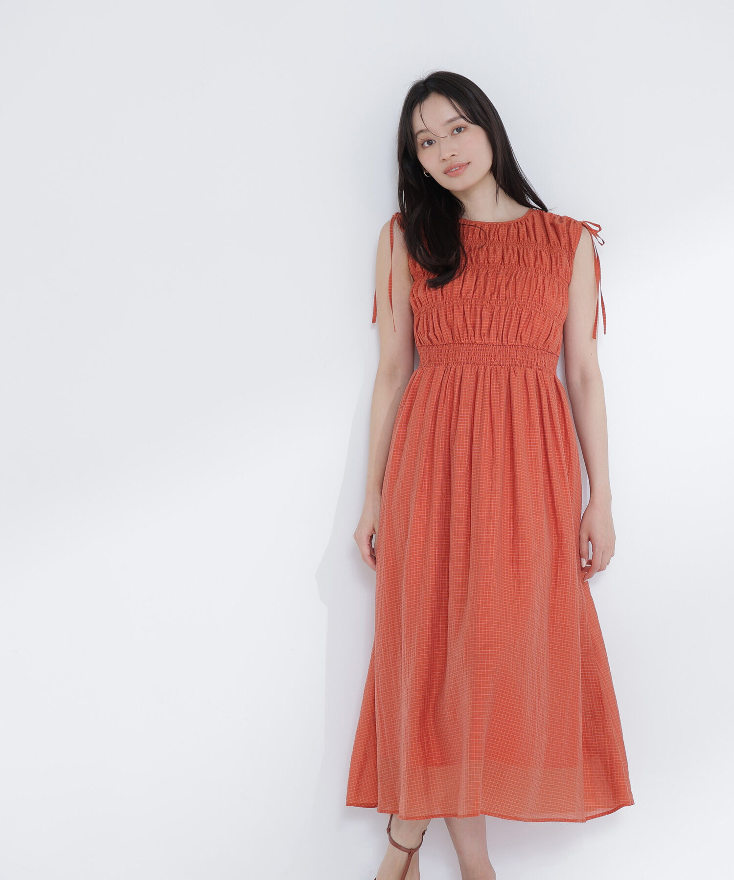  「シアーチェックギャザーワンピース」|ワンピース|
