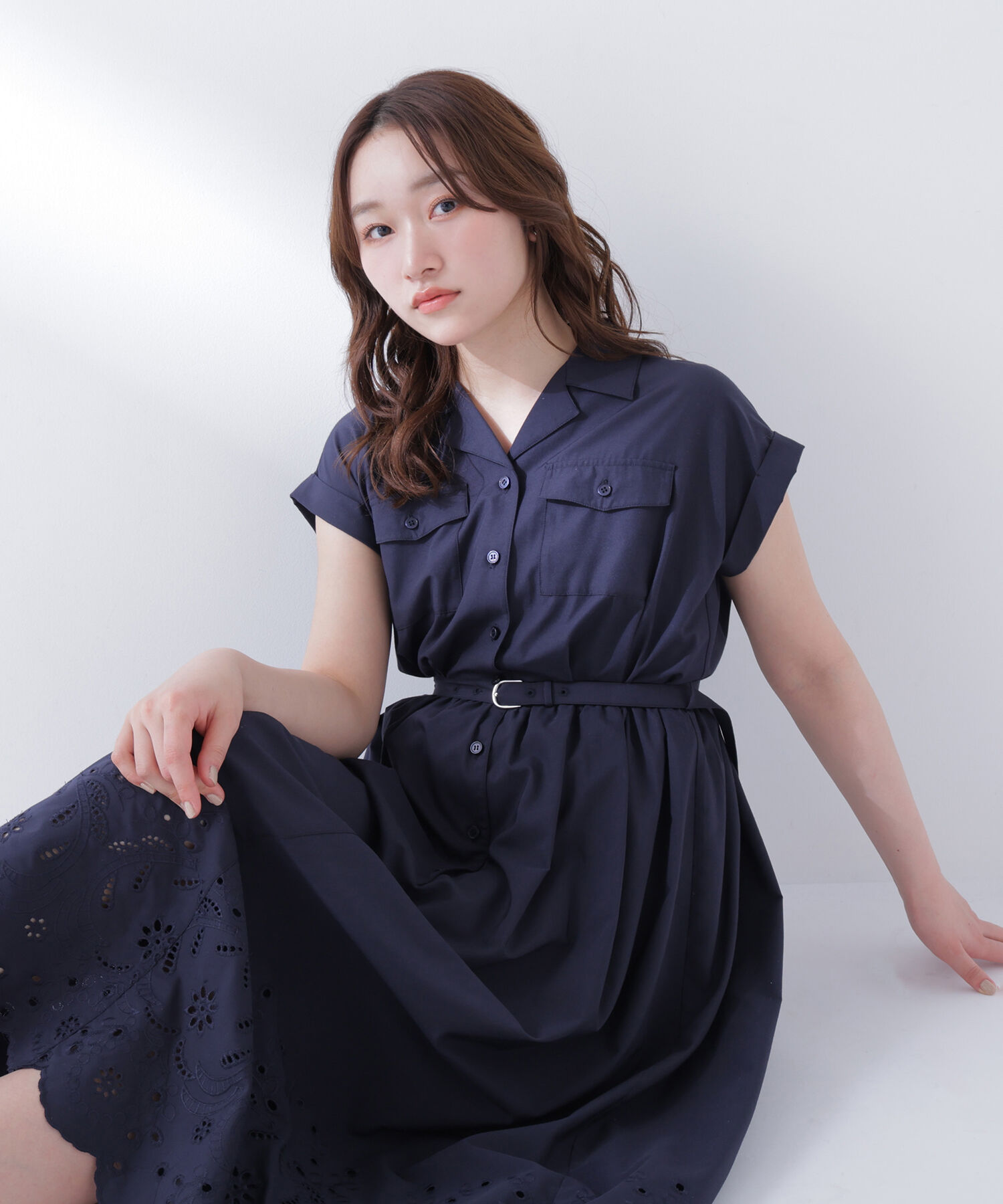 「スカラレースシャツワンピース」|ワンピース|ネイビー