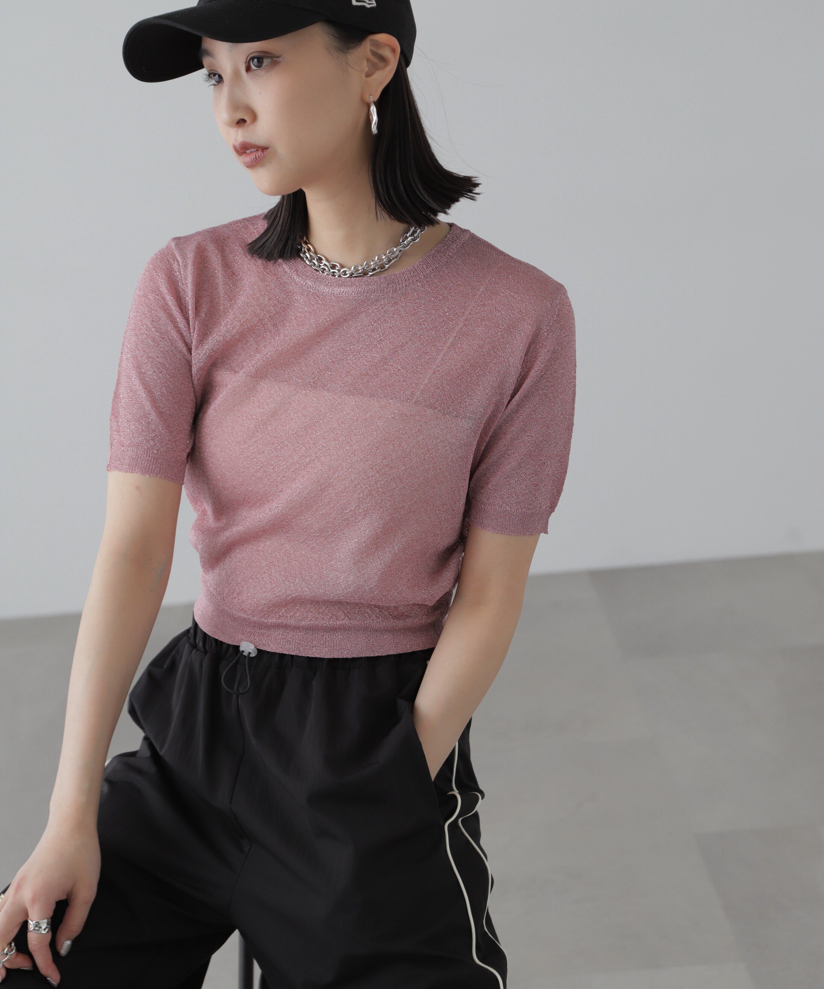  「コンパクトラメシアー半袖ニット」|ニット・セーター|