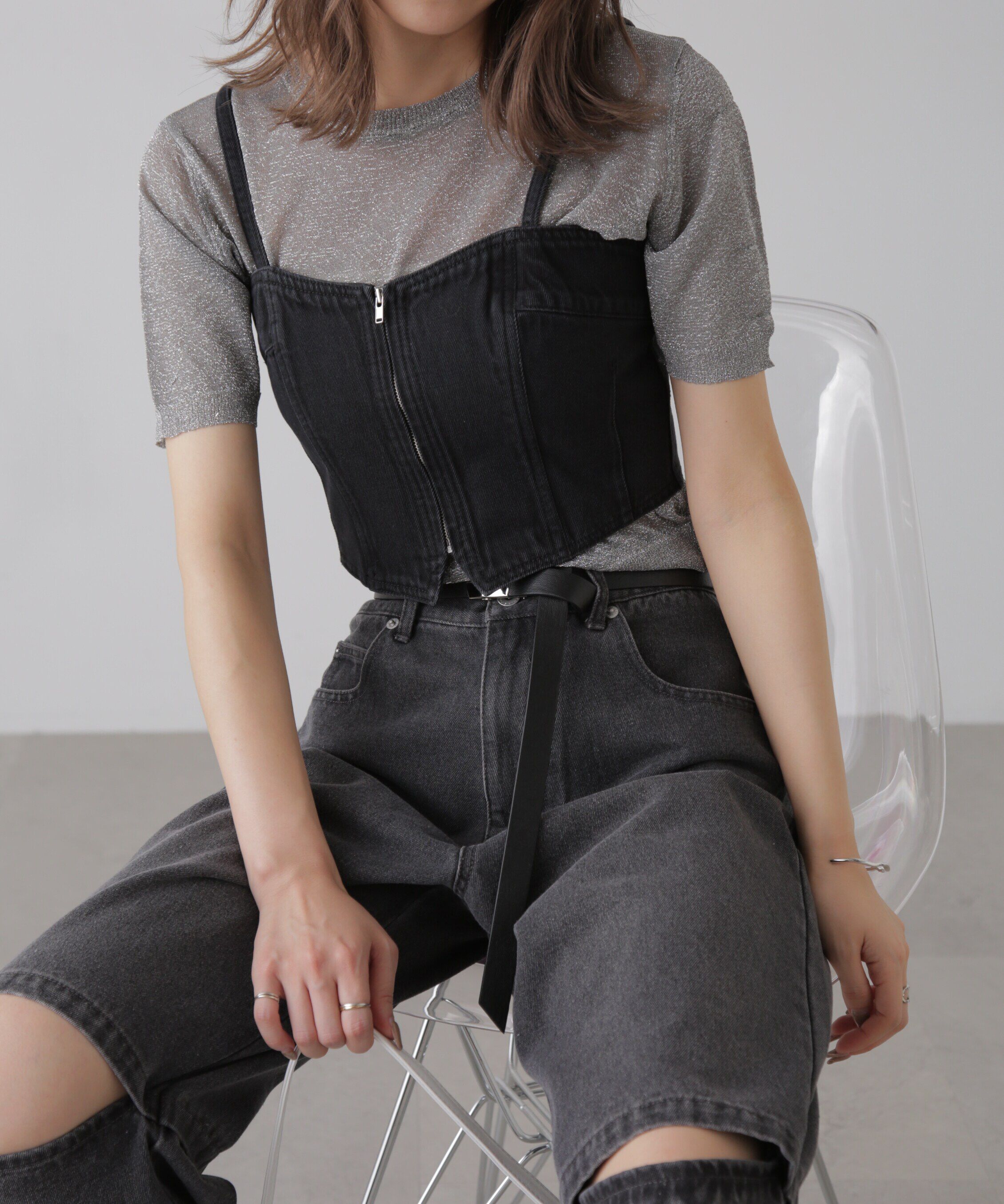  「コンパクトラメシアー半袖ニット」|ニット・セーター|