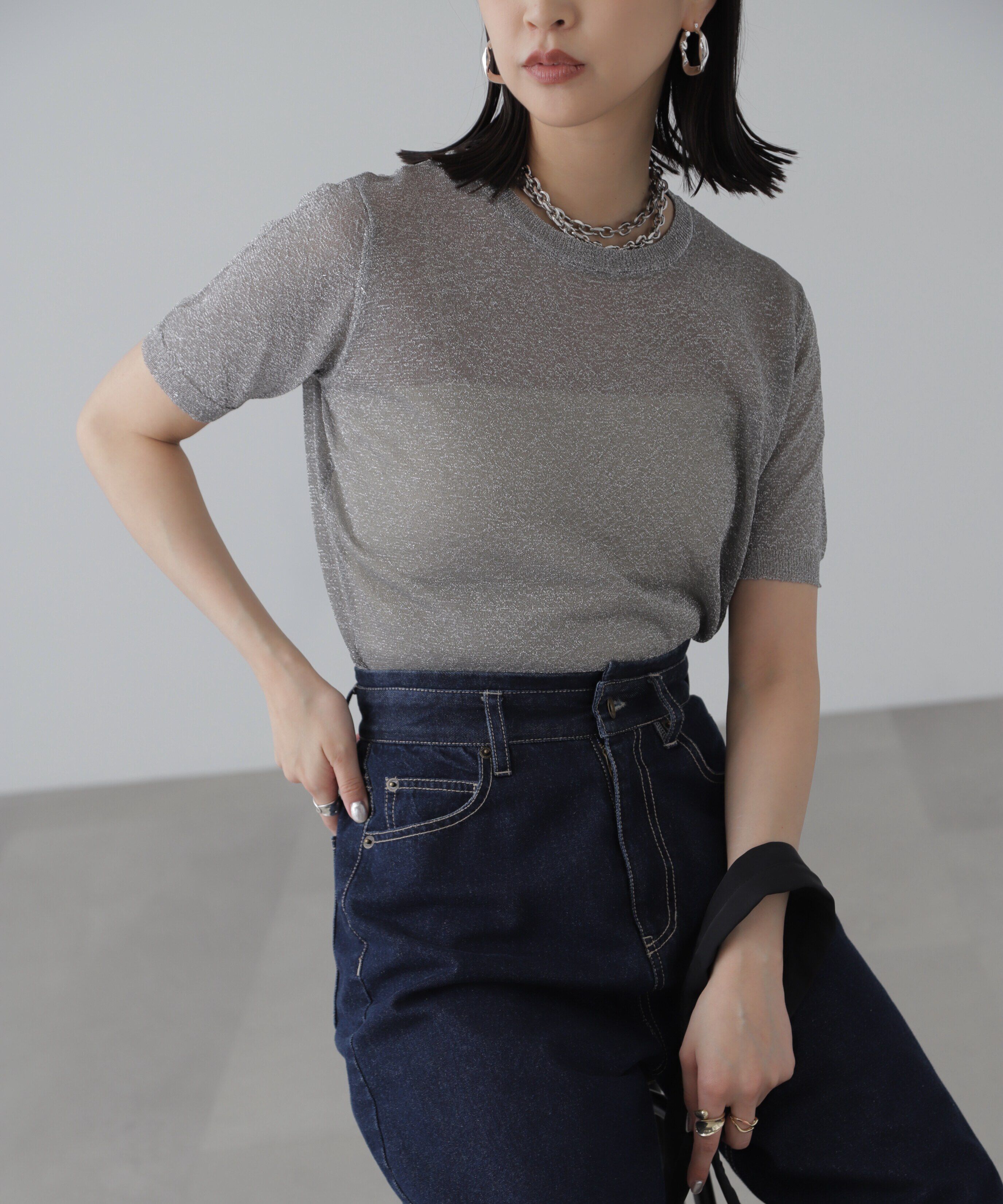  「コンパクトラメシアー半袖ニット」|ニット・セーター|