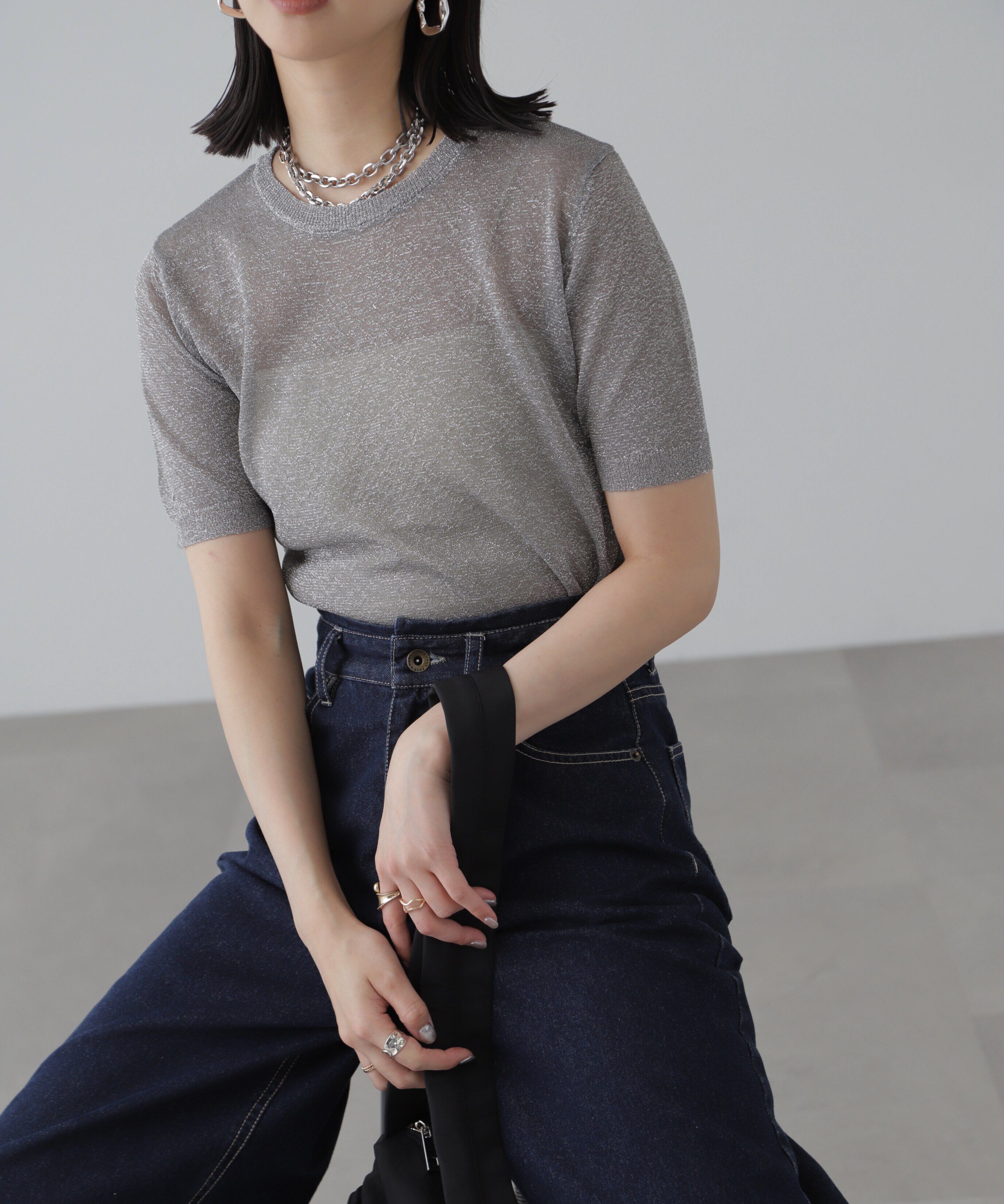  「コンパクトラメシアー半袖ニット」|ニット・セーター|