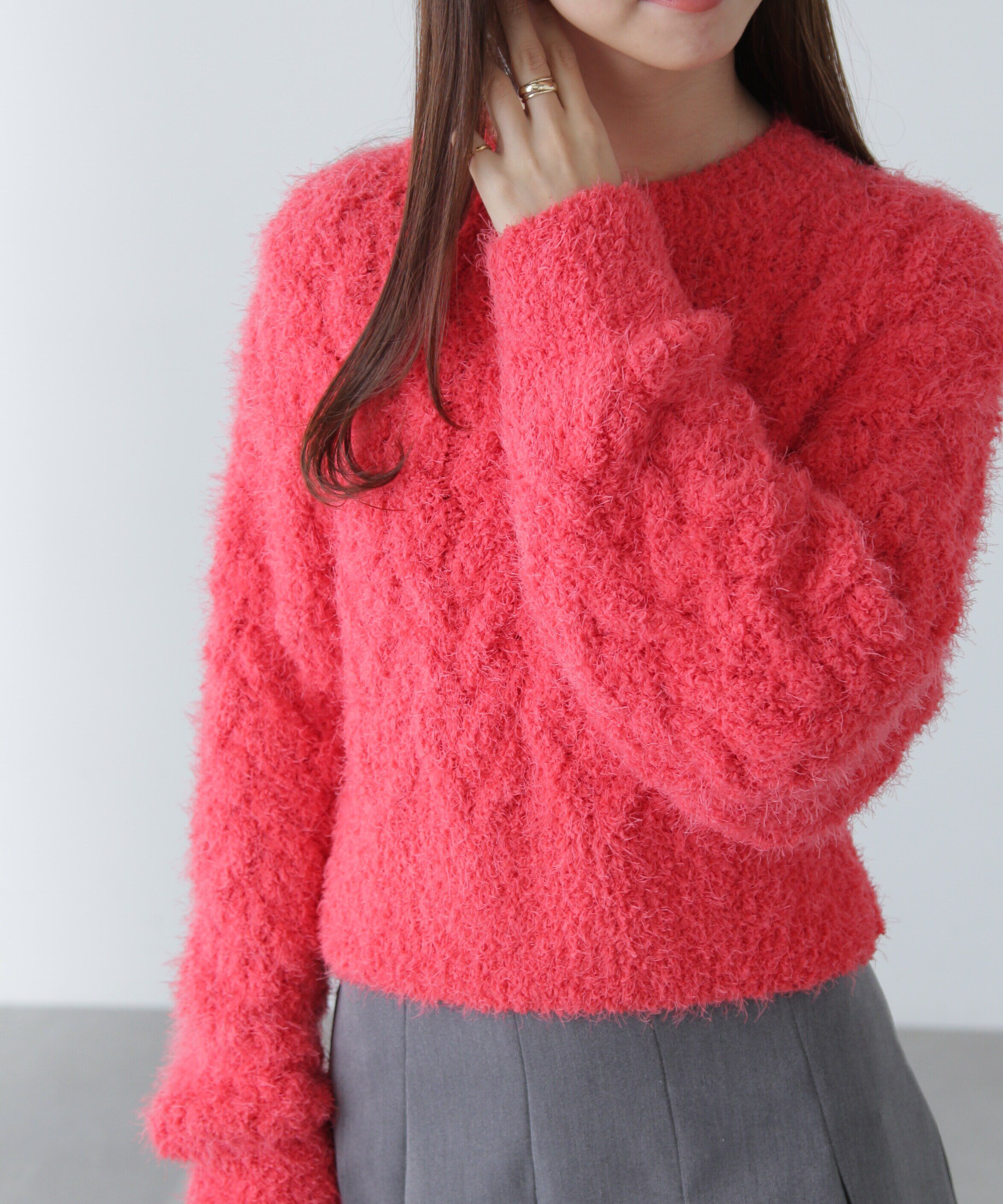  「シャギーケーブルニット」|ニット・セーター|レッド