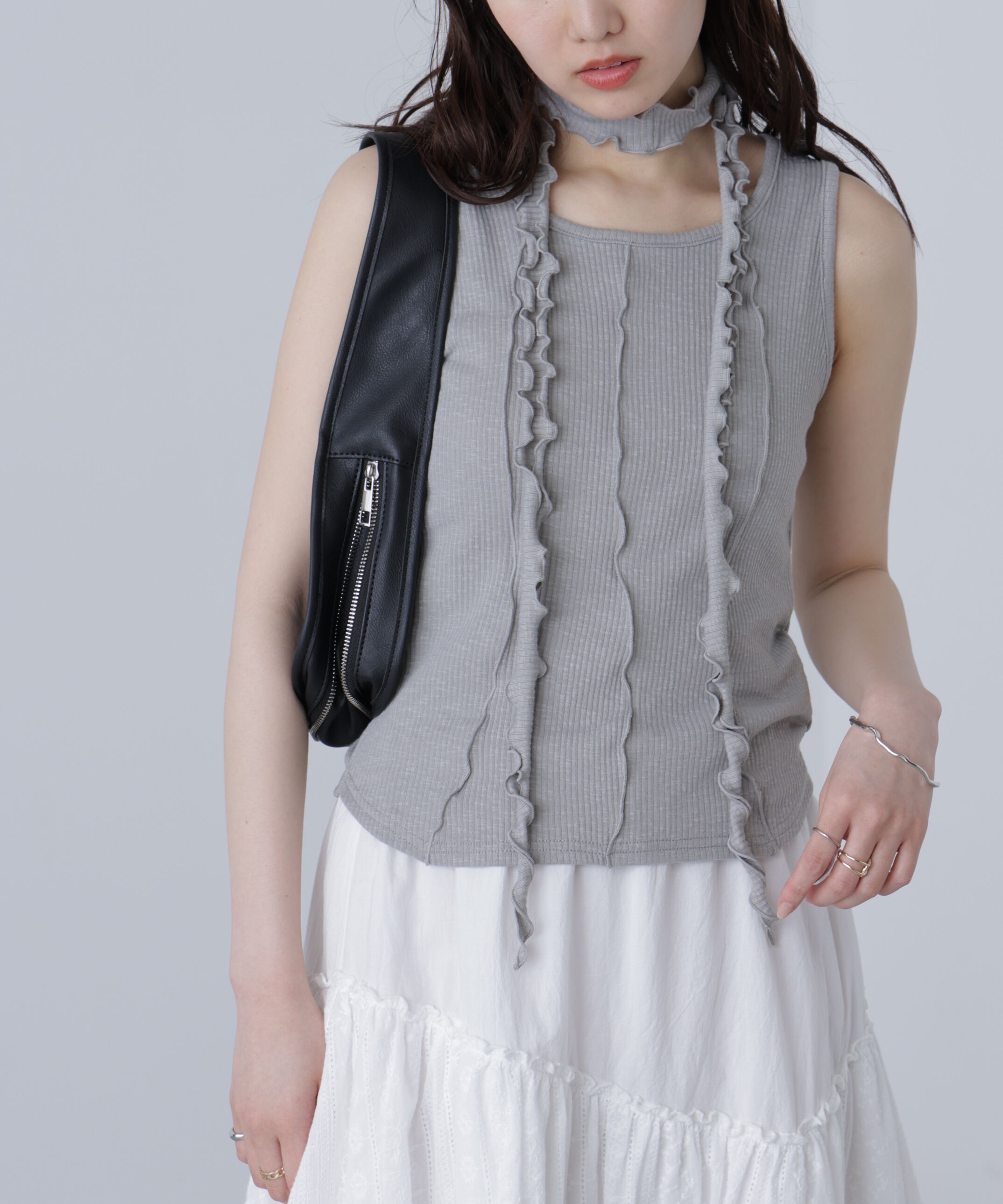  「チョーカー付きフリルディテールタンクトップ」|シャツ・ブラウス|