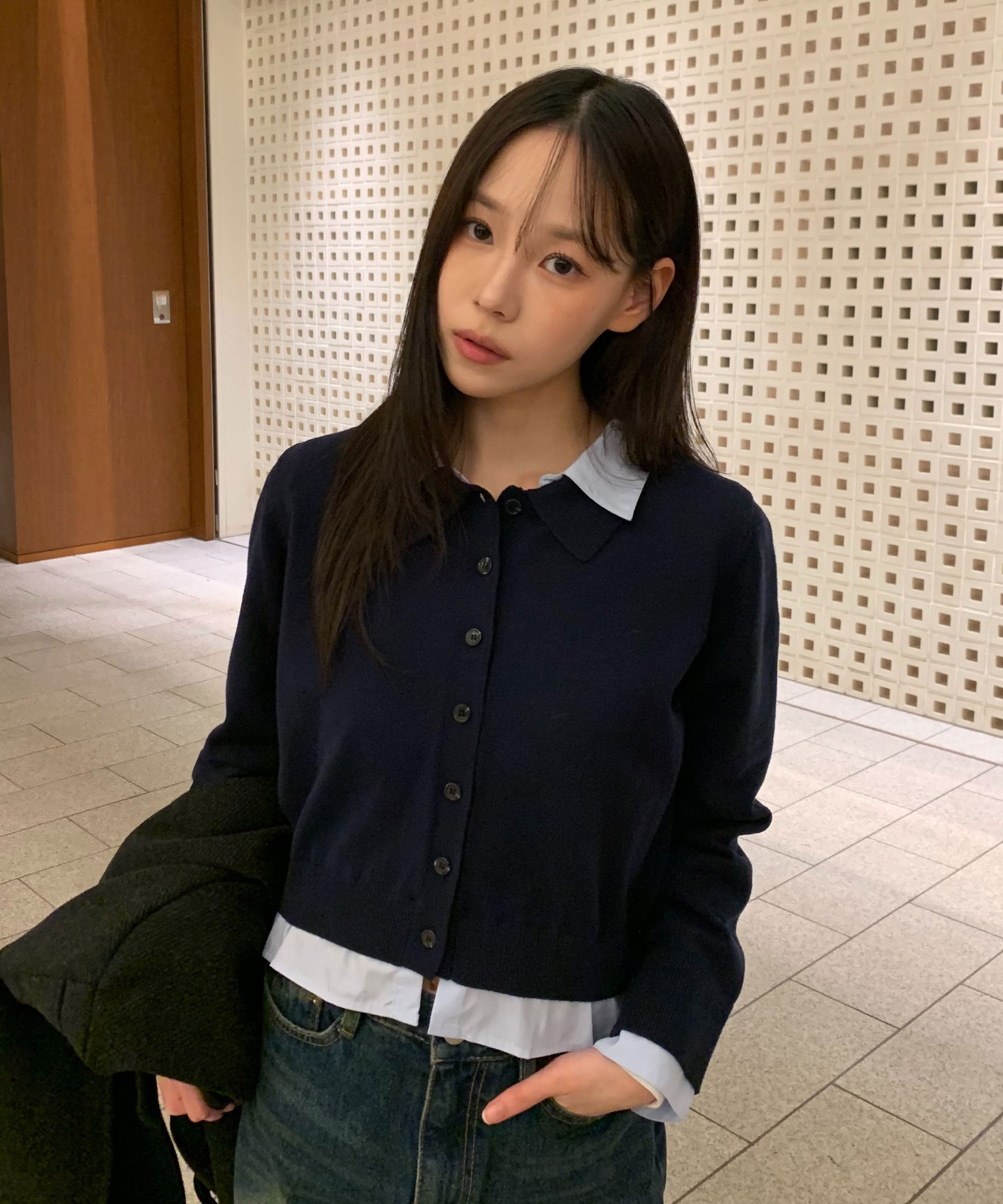  「シャツフェイクレイヤードポロカーディガン」|ニット・セーター|ネイビー