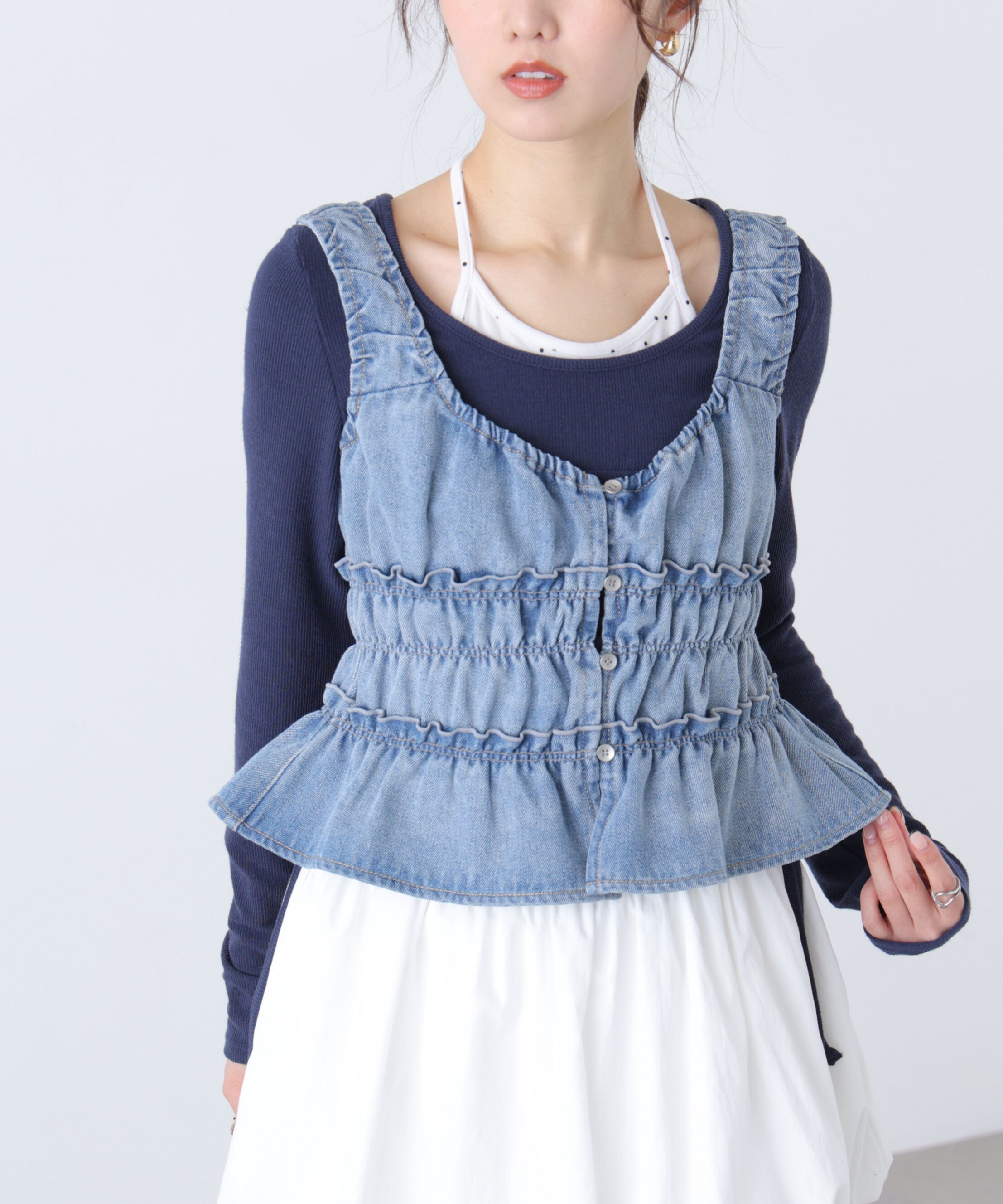  「シャーリングデニムビスチェ」|シャツ・ブラウス|