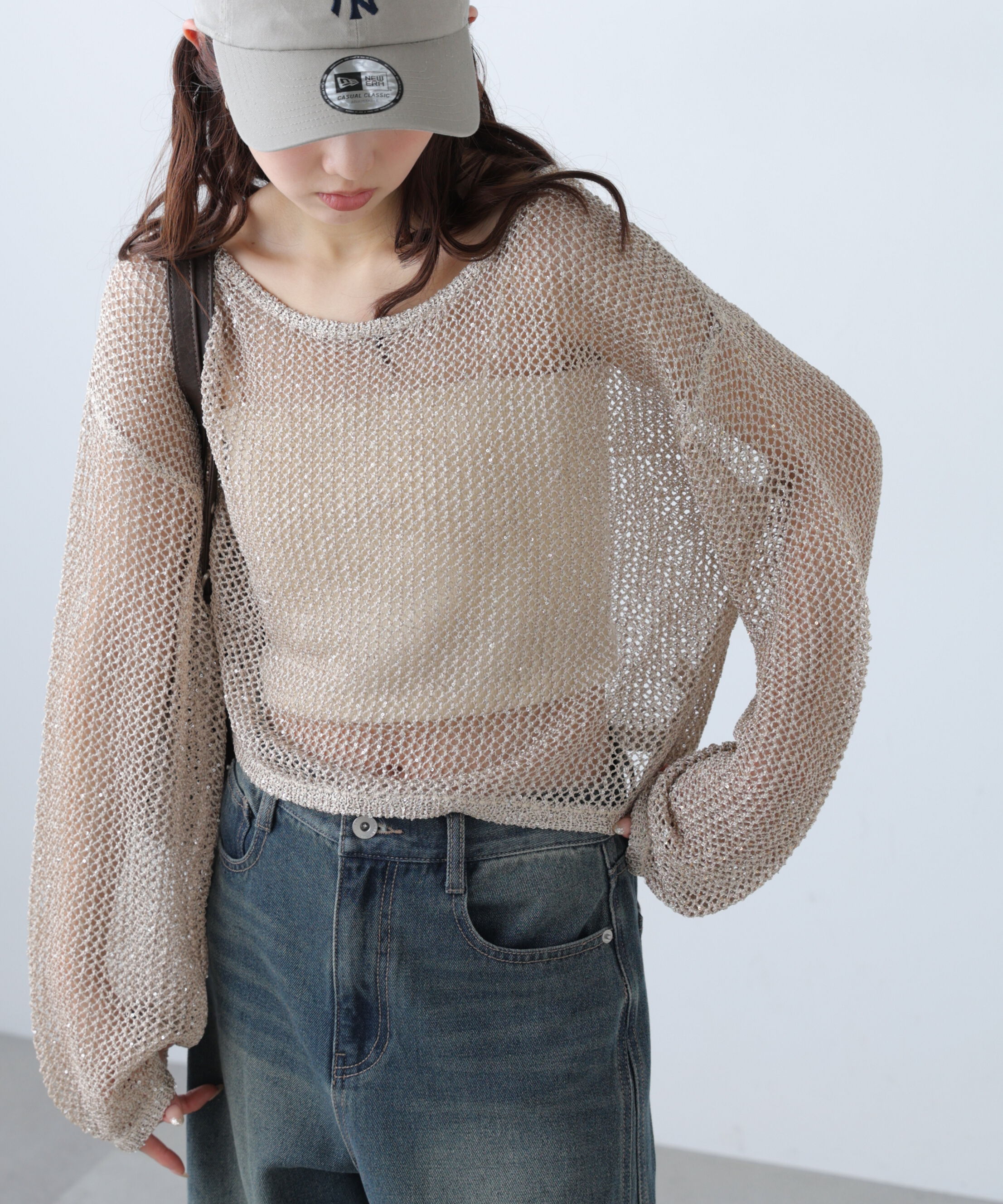 「メッシュスパンコールニット」|ニット・セーター|ベージュ