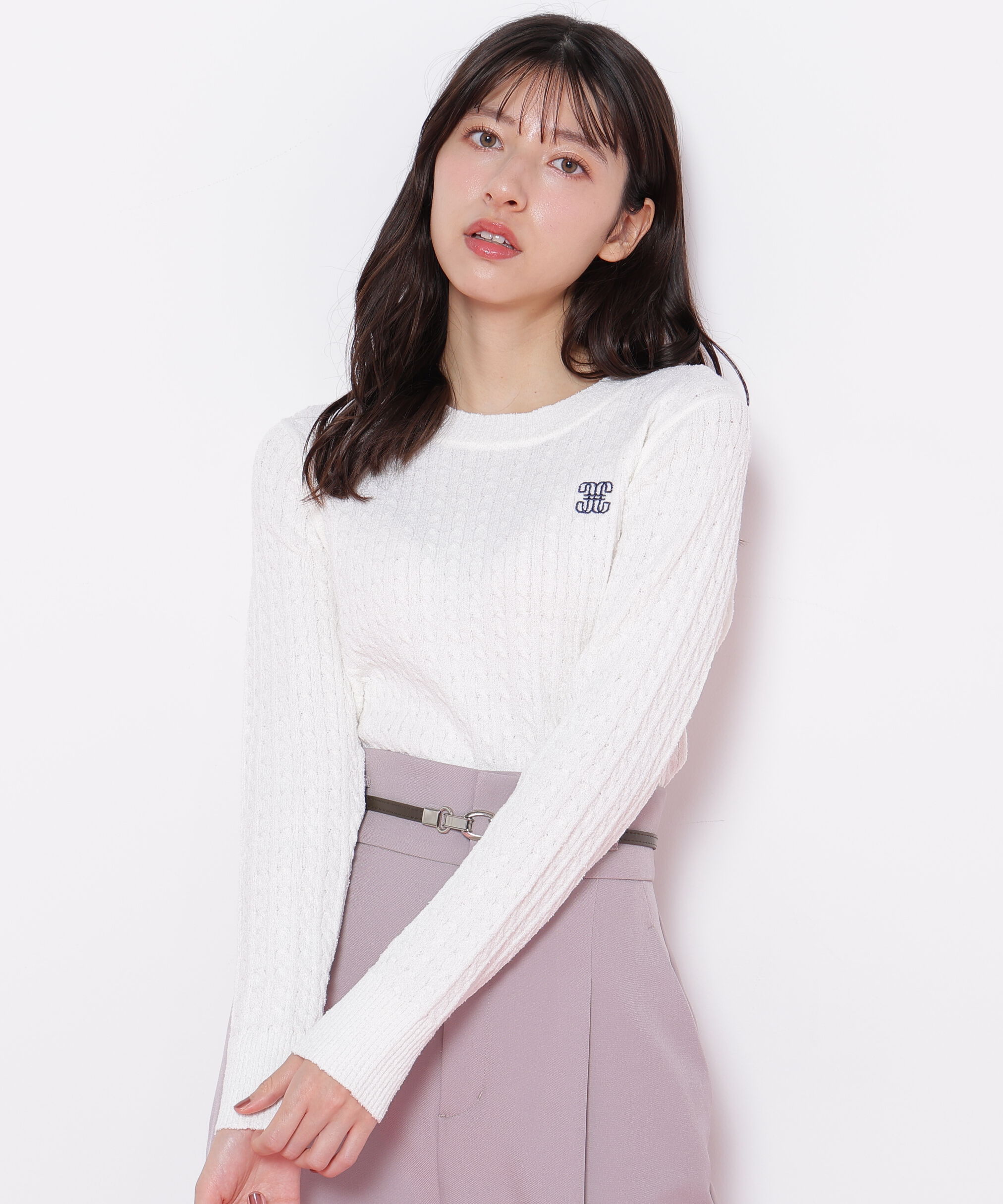  「ミニブークレーケーブルニット」|ニット・セーター|ホワイト