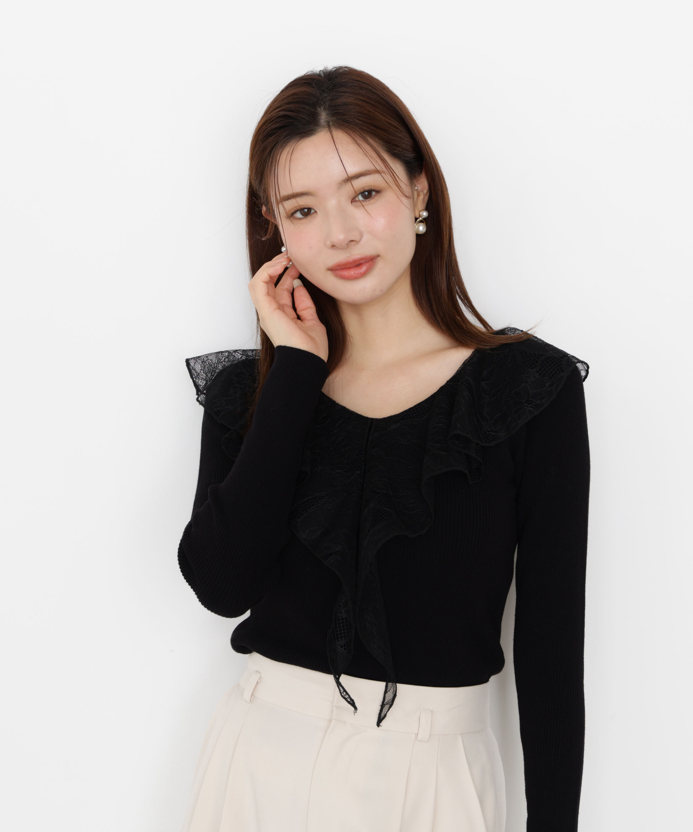 PROPORTION BODY DRESSING「レースフリルニット 25AW」|ニット・セーター|ブラック&times;ブラ