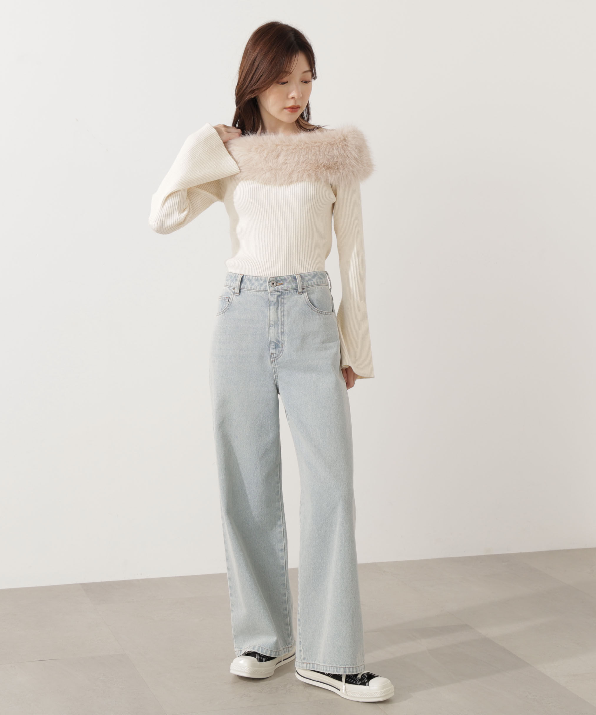 PROPORTION BODY DRESSING「フェイクファー付きオフショルニット 25AW」|ニット・セーター|